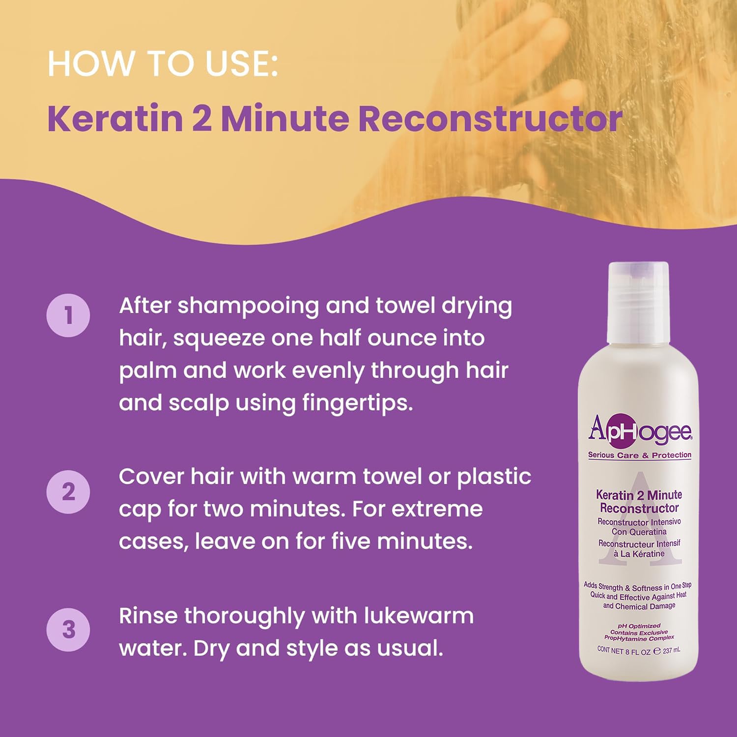 Aphogee Keratine Reconstructeur : application rapide pour des résultats en deux minutes.