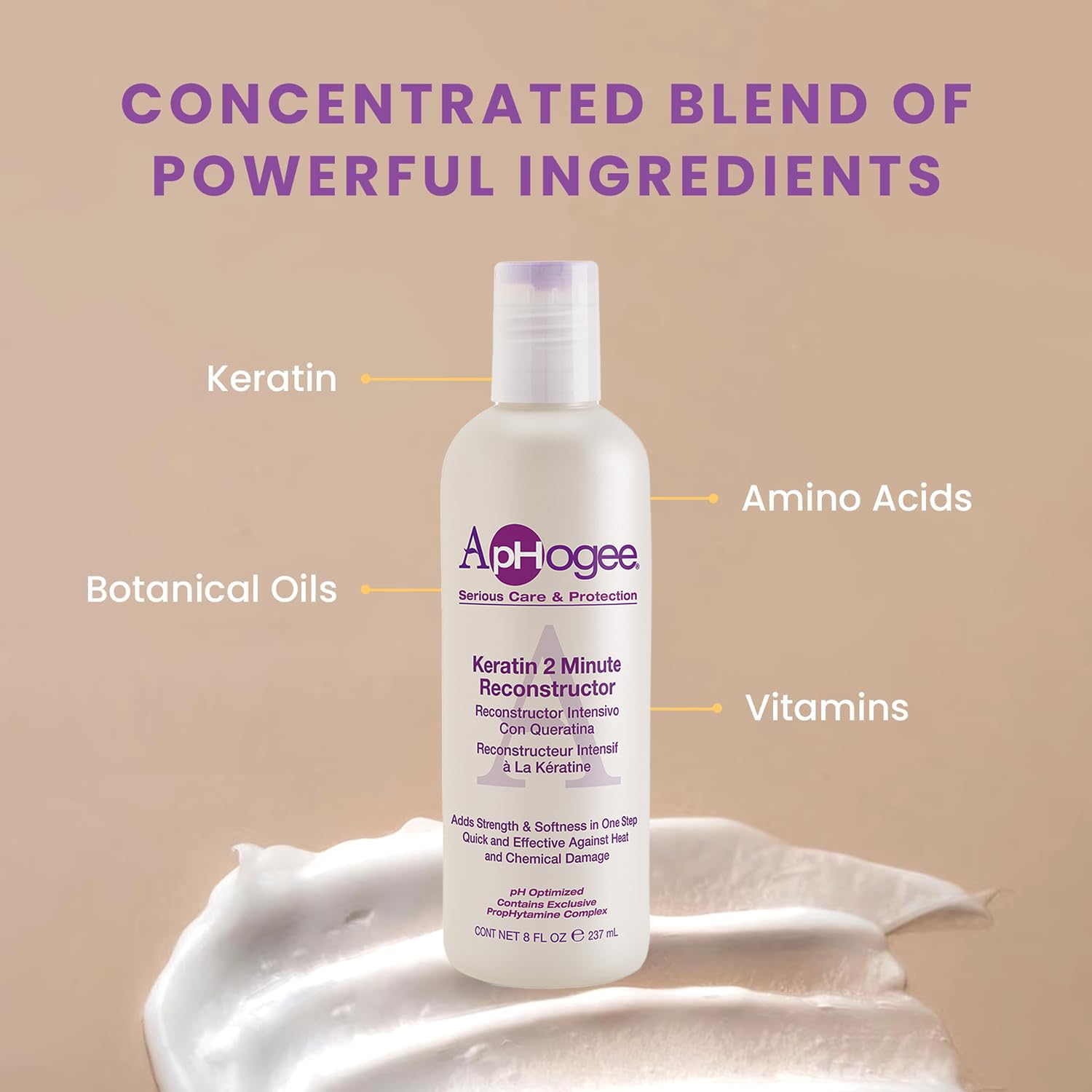 Aphogee Keratine Reconstructeur : brillance naturelle et cheveux plus faciles à coiffer.