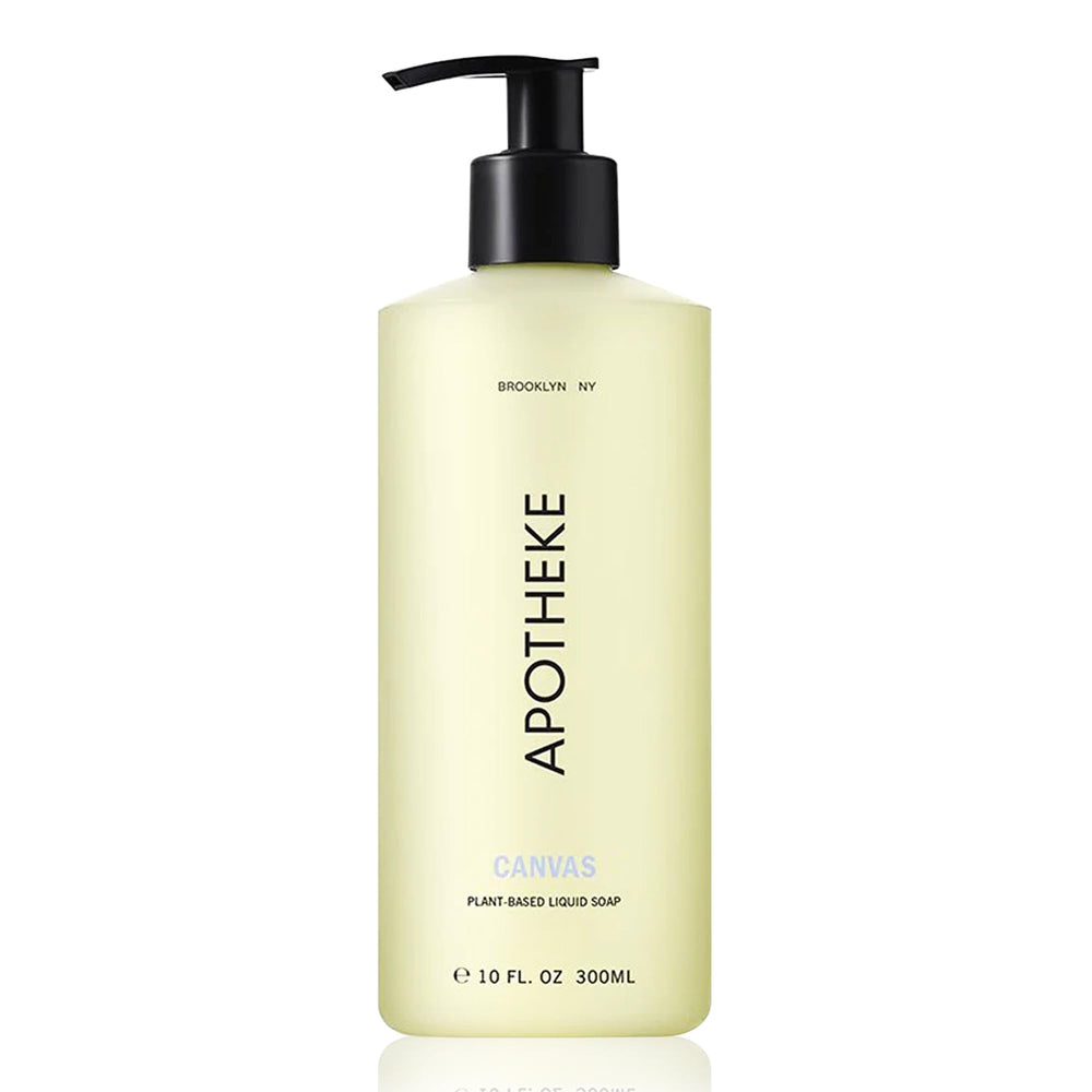 APOTHEKE Canvas hand soap bottle showing hydrating cleanse for daily use.