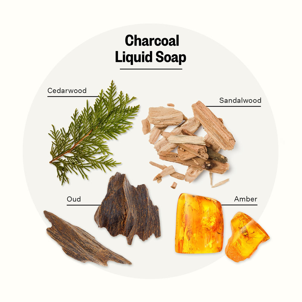 APOTHEKE Savon mains Charbon avec pompe, pratique pour rinçage rapide.