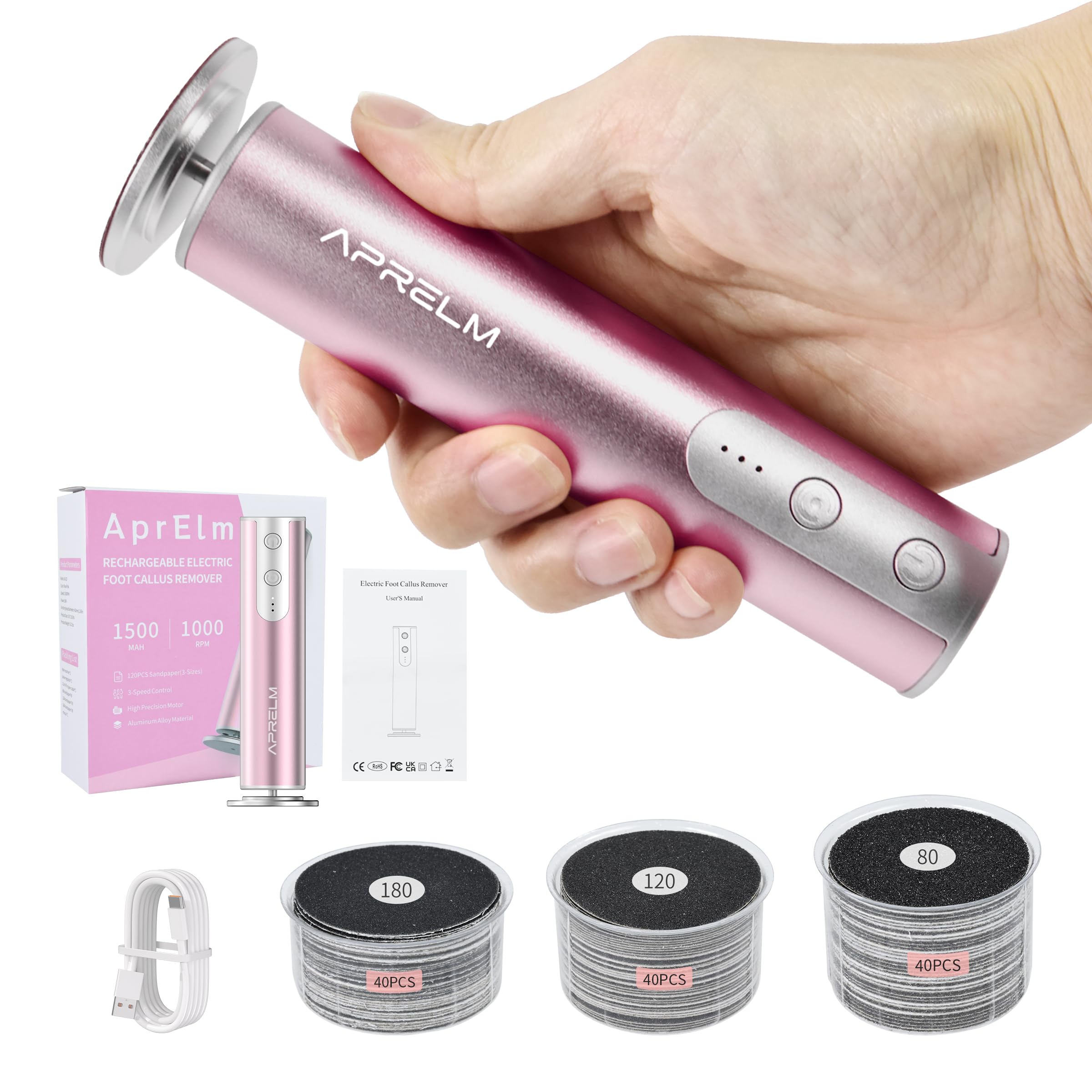 APRELM ponceuse électrique pour pieds en rose, ergonomique et efficace pour une pédicure facile.