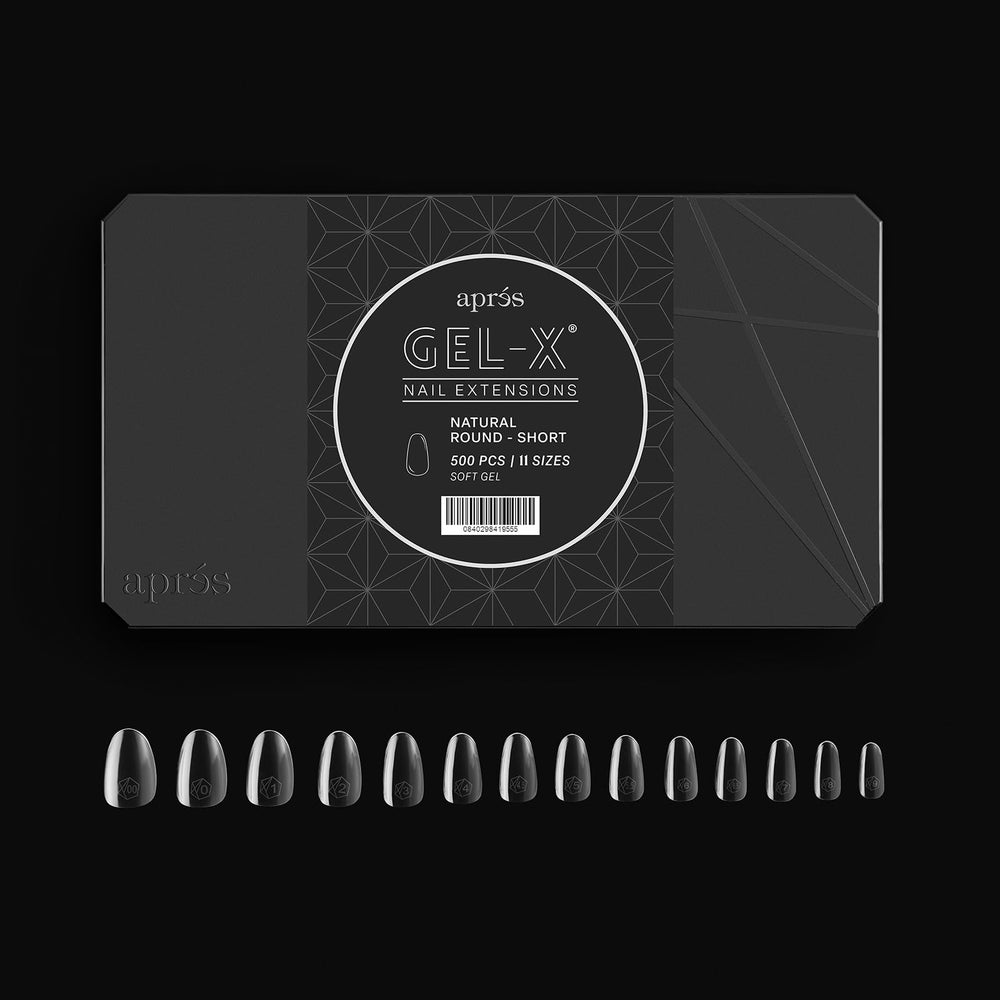 APRÉS Gel-X: boîte complète de 500 embouts naturels pour plusieurs tailles.