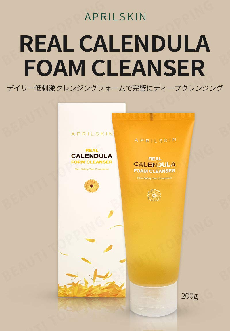 APRILSKIN Calendula Low pH Gel Cleanser — bulles micellaires douces éliminent impuretés en profondeur.