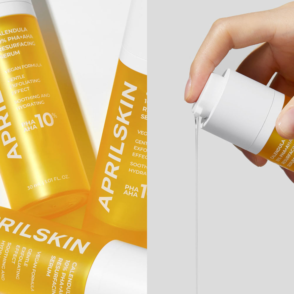 Application visage du sérum APRILSKIN Calendula10% PHA+AHA pour une peau plus lisse.