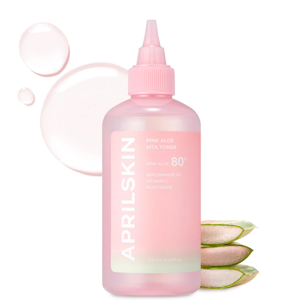 APRILSKIN Pink Aloe Vita Toner bottle delivering lightweight hydration for calm, refreshed skin.