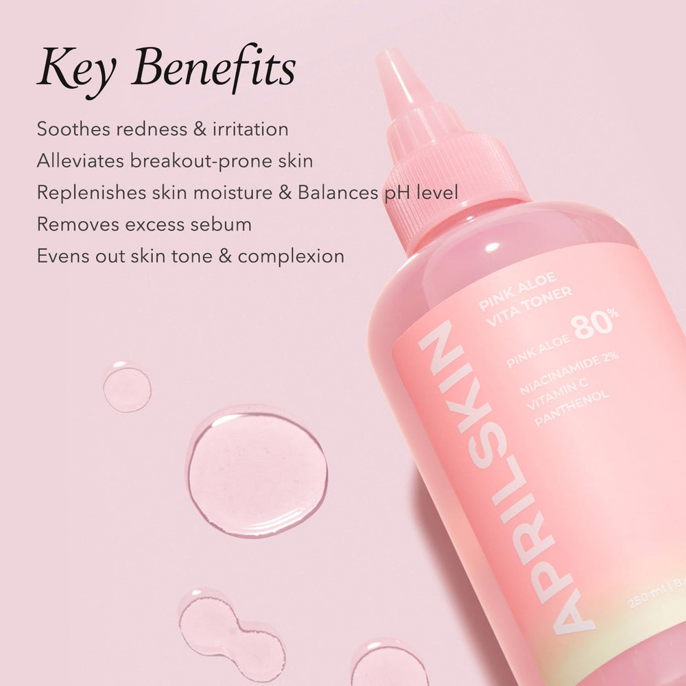 APRILSKIN Pink Aloe Vita Toner liquid texture highlights non-sticky, breathable hydration.