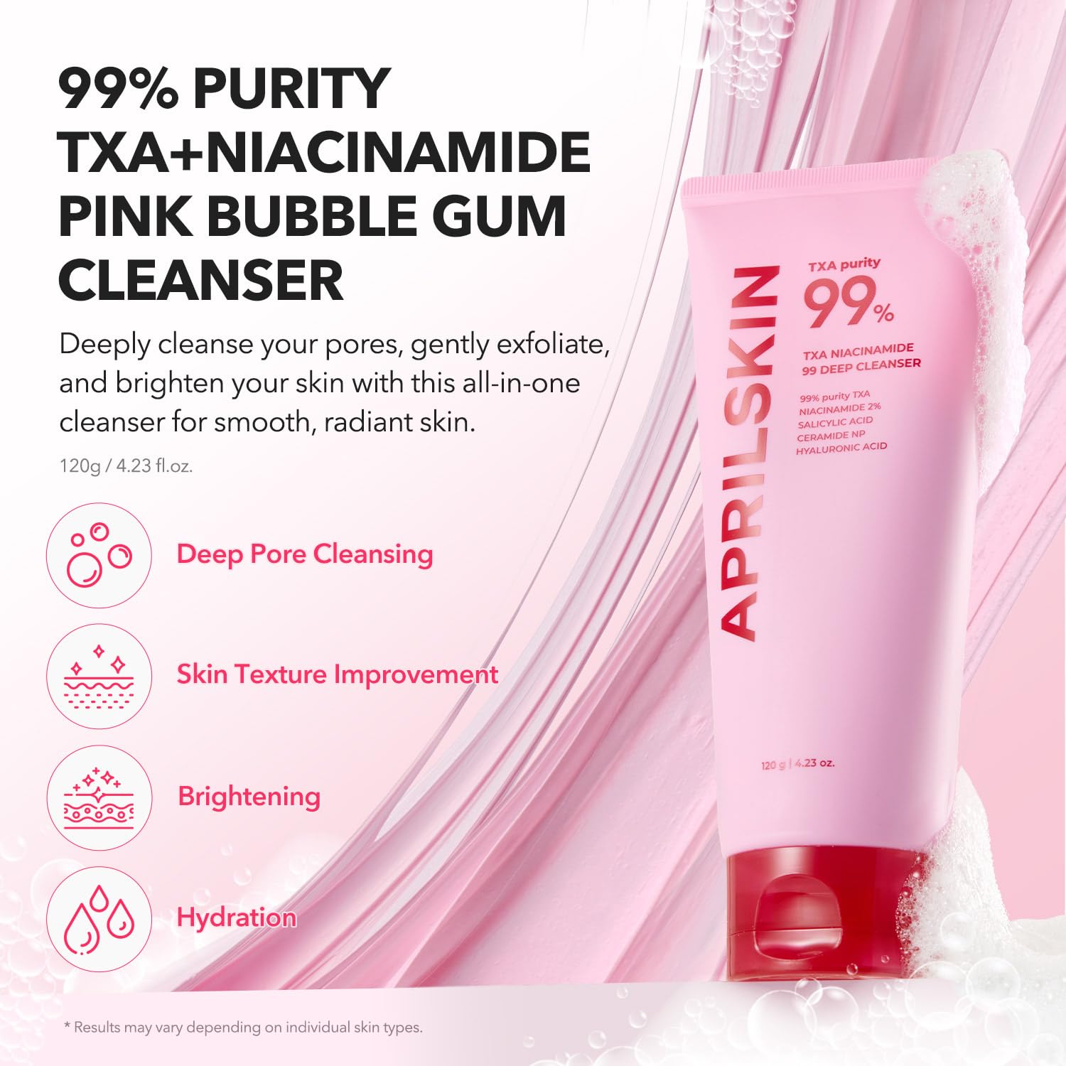 APRILSKIN TXA Niacinamide cleanser foam on hand showing impurity lift