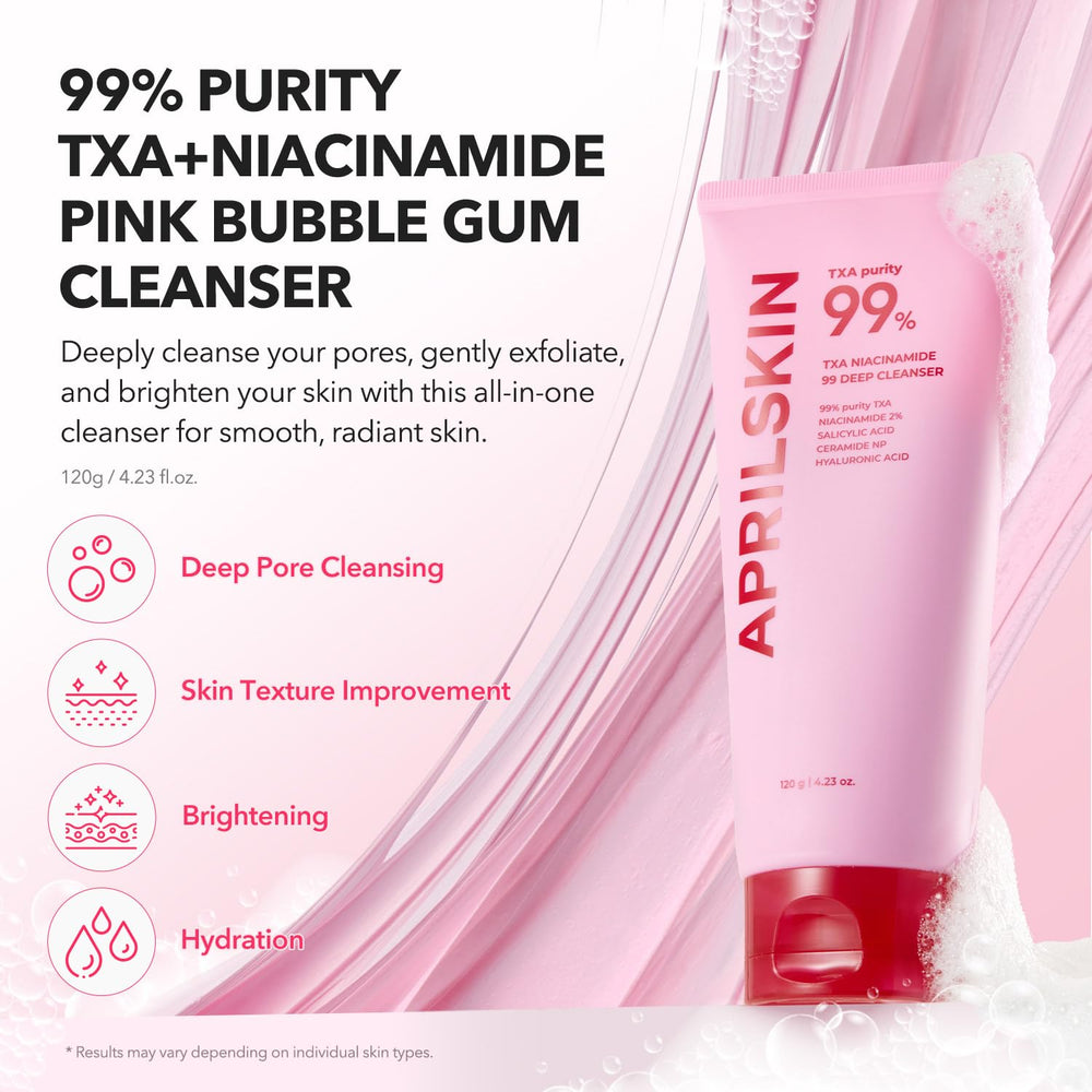 APRILSKIN TXA Niacinamide cleanser foam on hand showing impurity lift