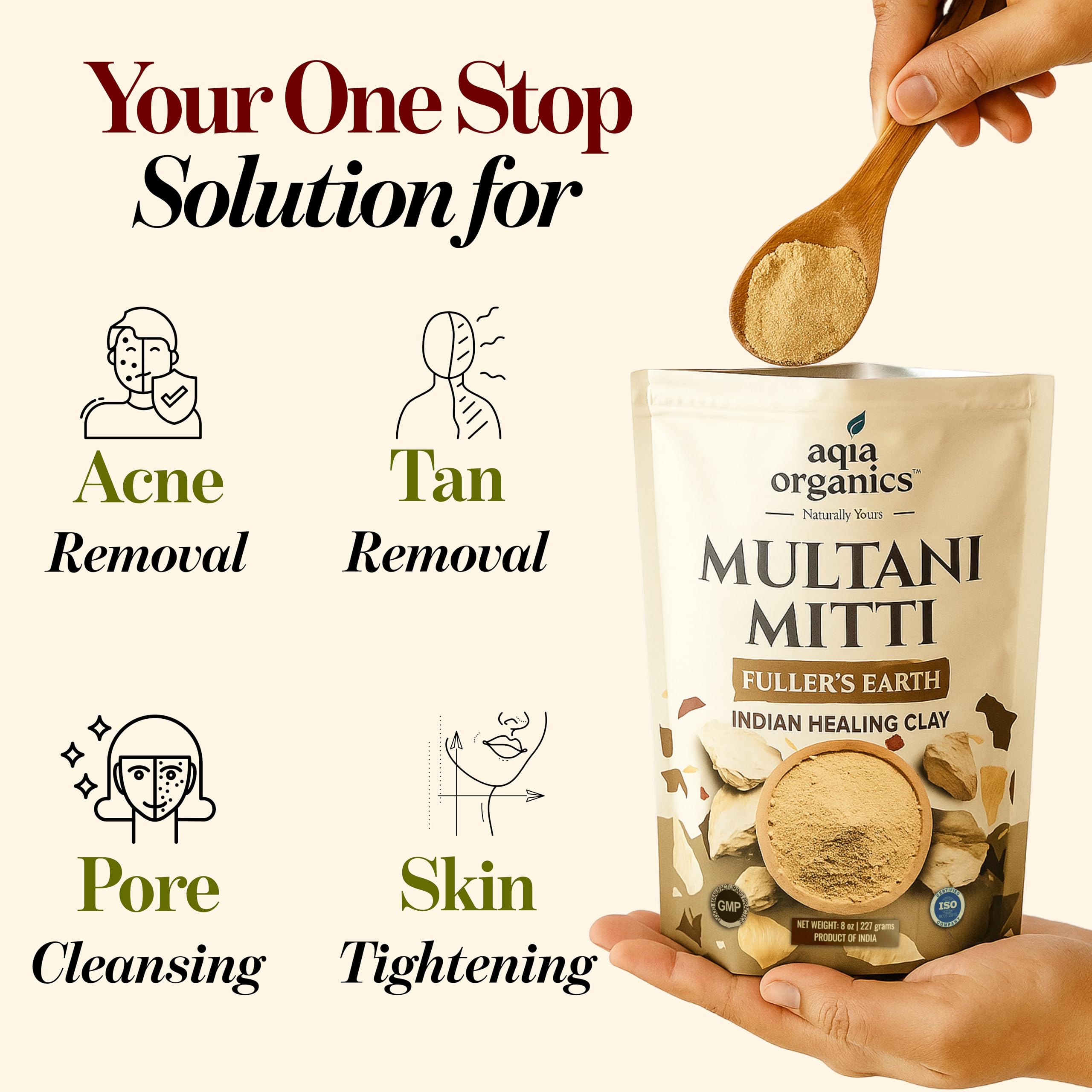 Aqia Organics Multani Mitti poudre — masque visage purifiant et apaisant.