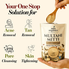 Aqia Organics Multani Mitti poudre — masque visage purifiant et apaisant.