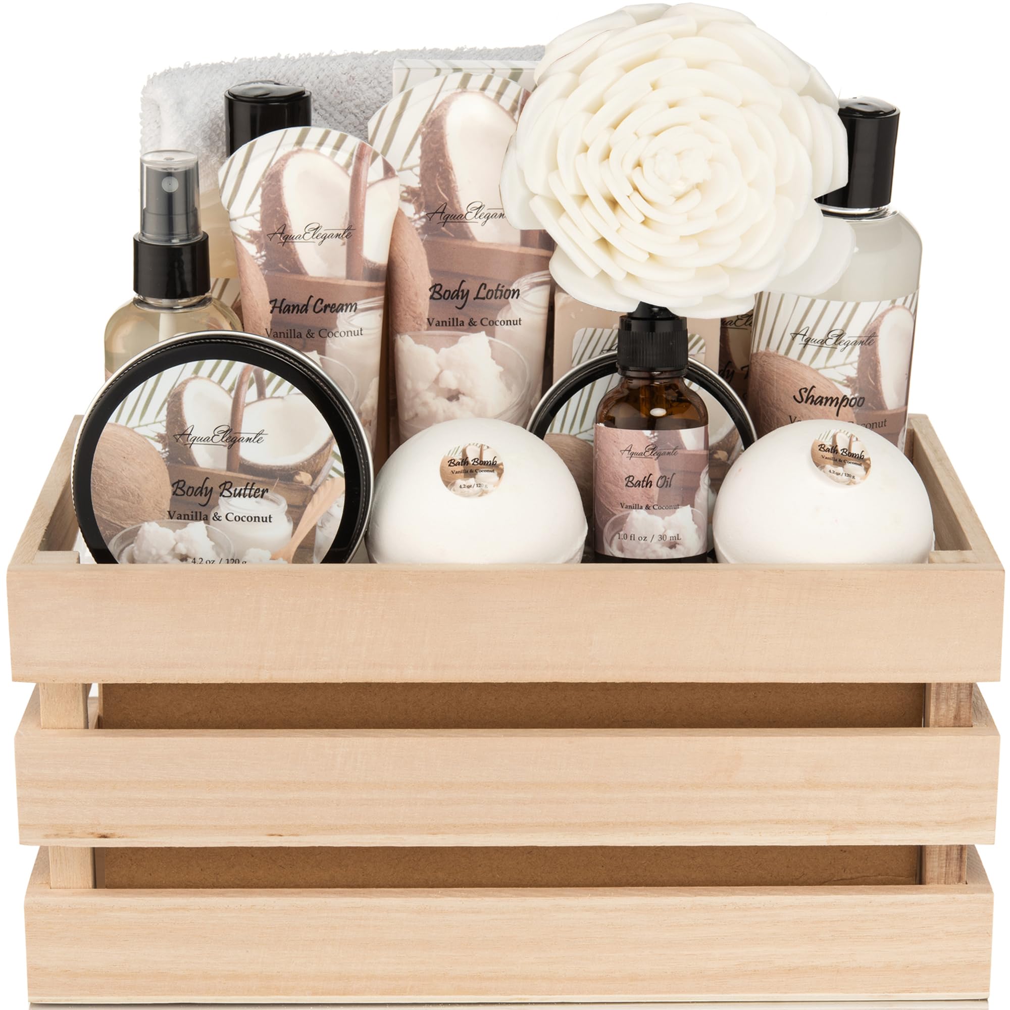 Coffret Aqua Elegante spa coco-vanille avec gel douche, parfum doux et revitalisant.