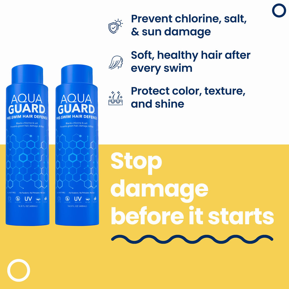 Application facile Aqua Guard Pre-Swim sur cheveux humides pour prévenir le chlore.