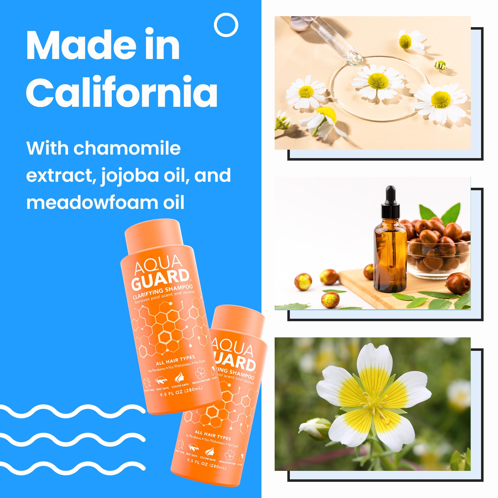 Aqua Guard Shampoing odeur piscine : élimine l’odeur de chlore et rafraîchit les cheveux.