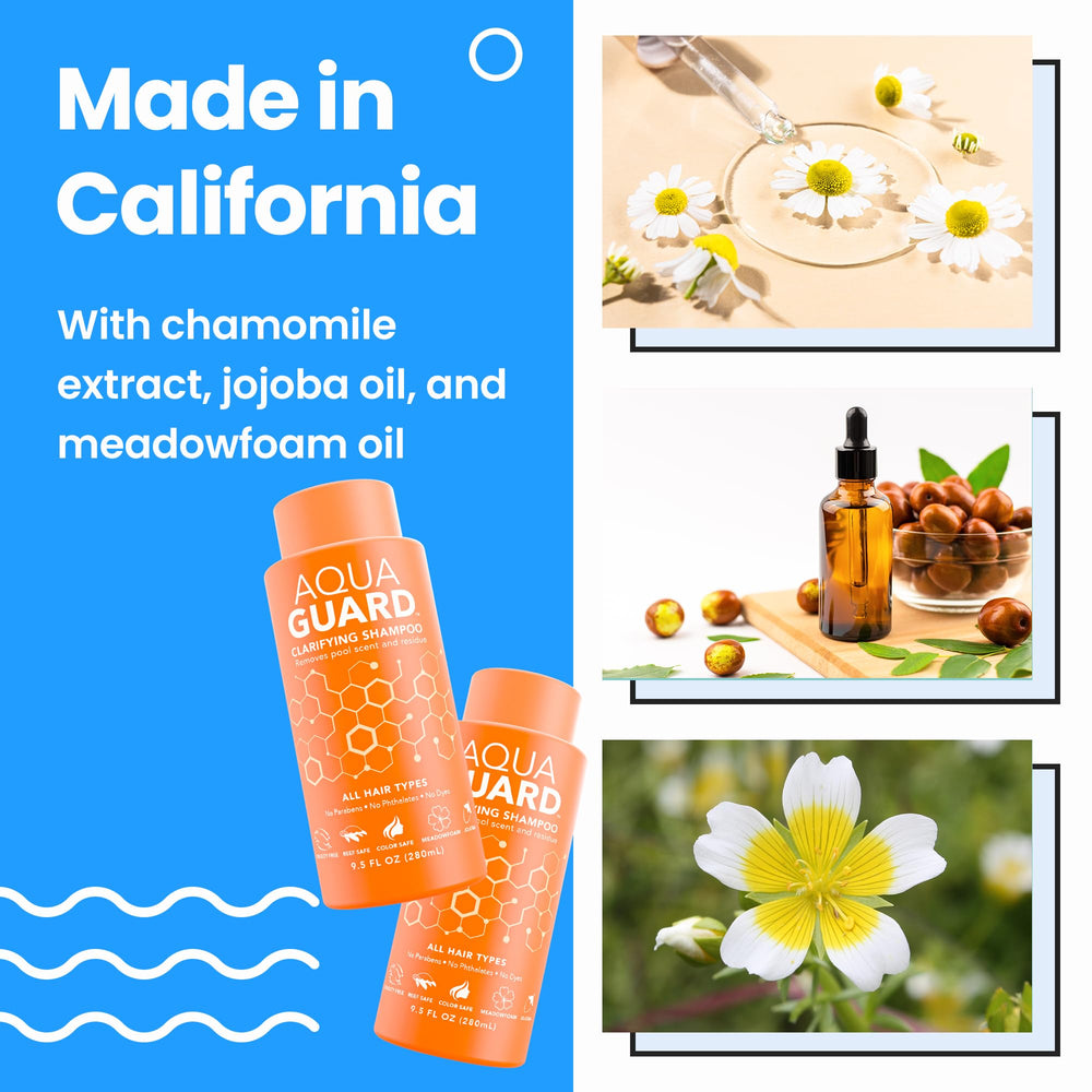 Aqua Guard Shampoing odeur piscine : élimine l’odeur de chlore et rafraîchit les cheveux.