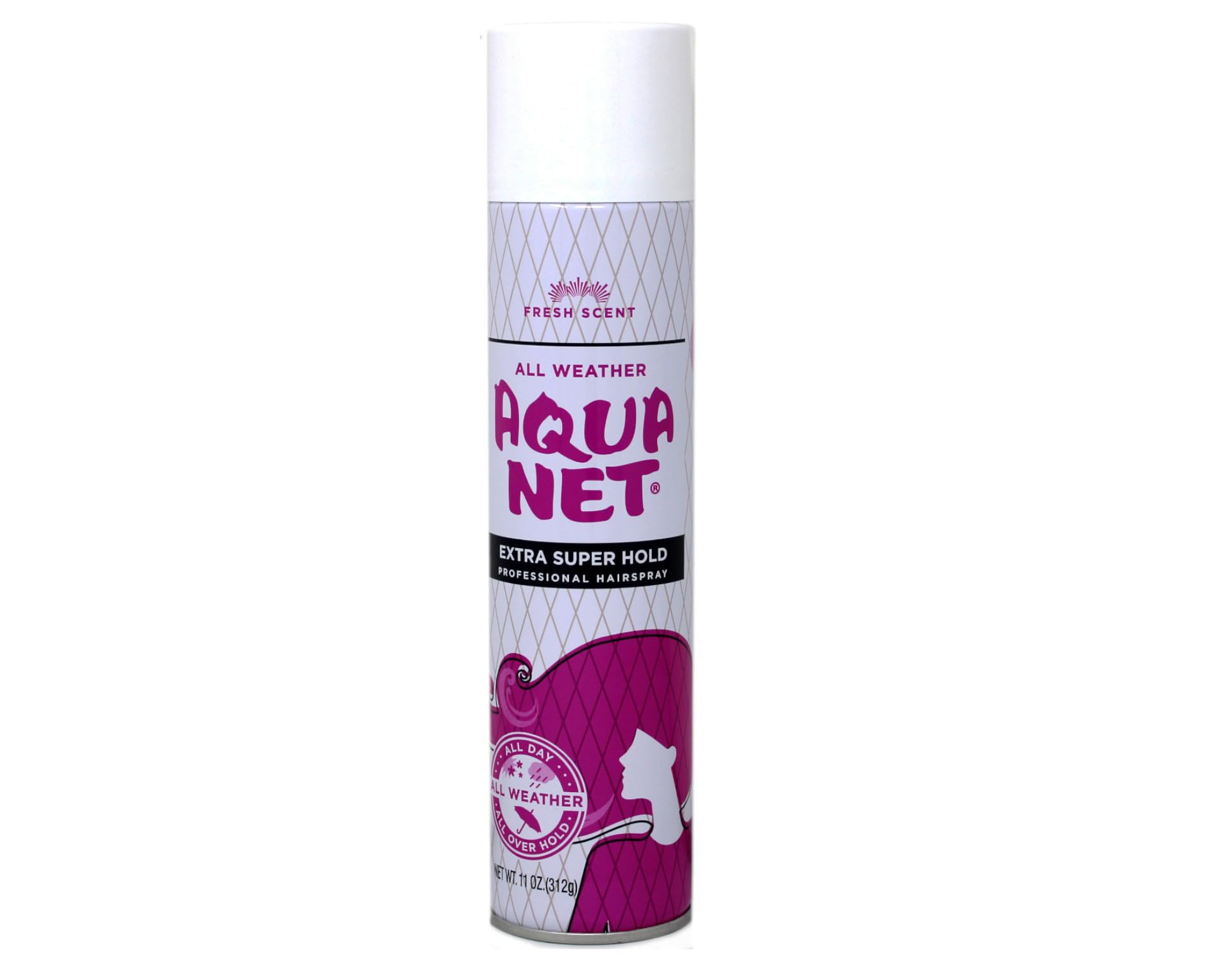 Aqua Net aerosor cheveux offrant tenue longue durée et parfum frais.