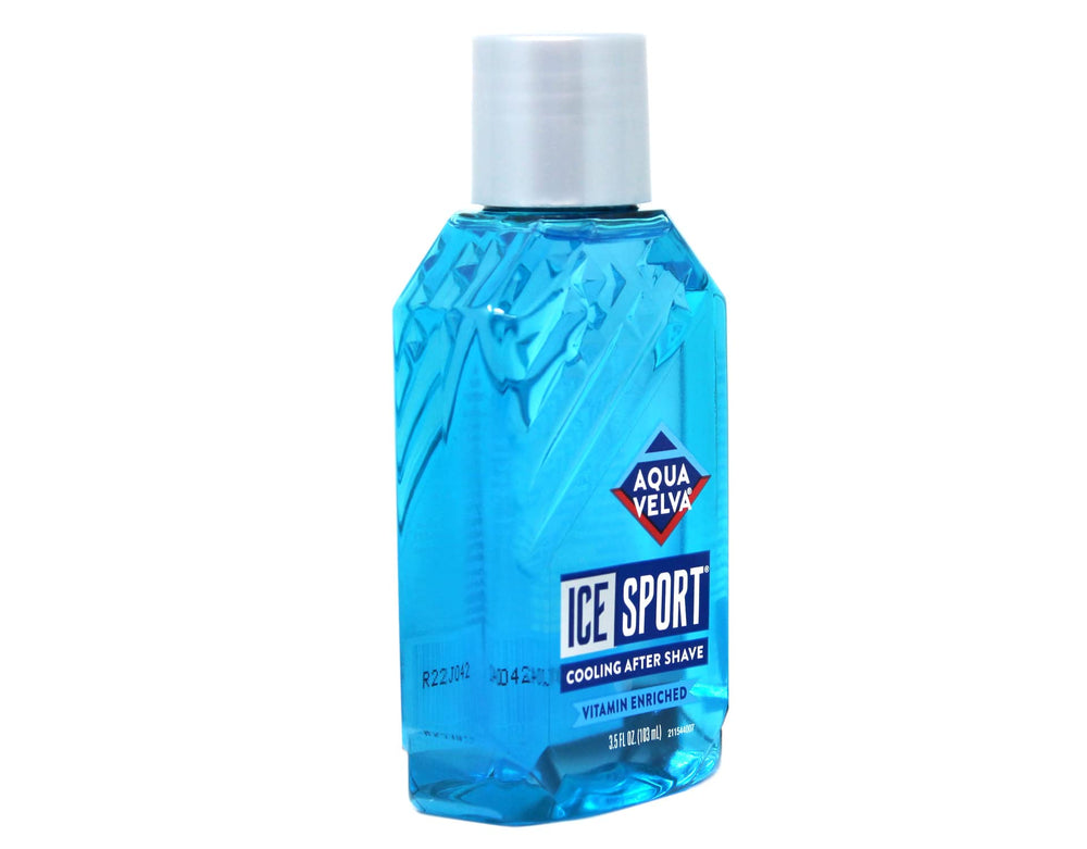 Aqua Velva Ice Sport, emballage distinctif évoquant le rituel masculin.