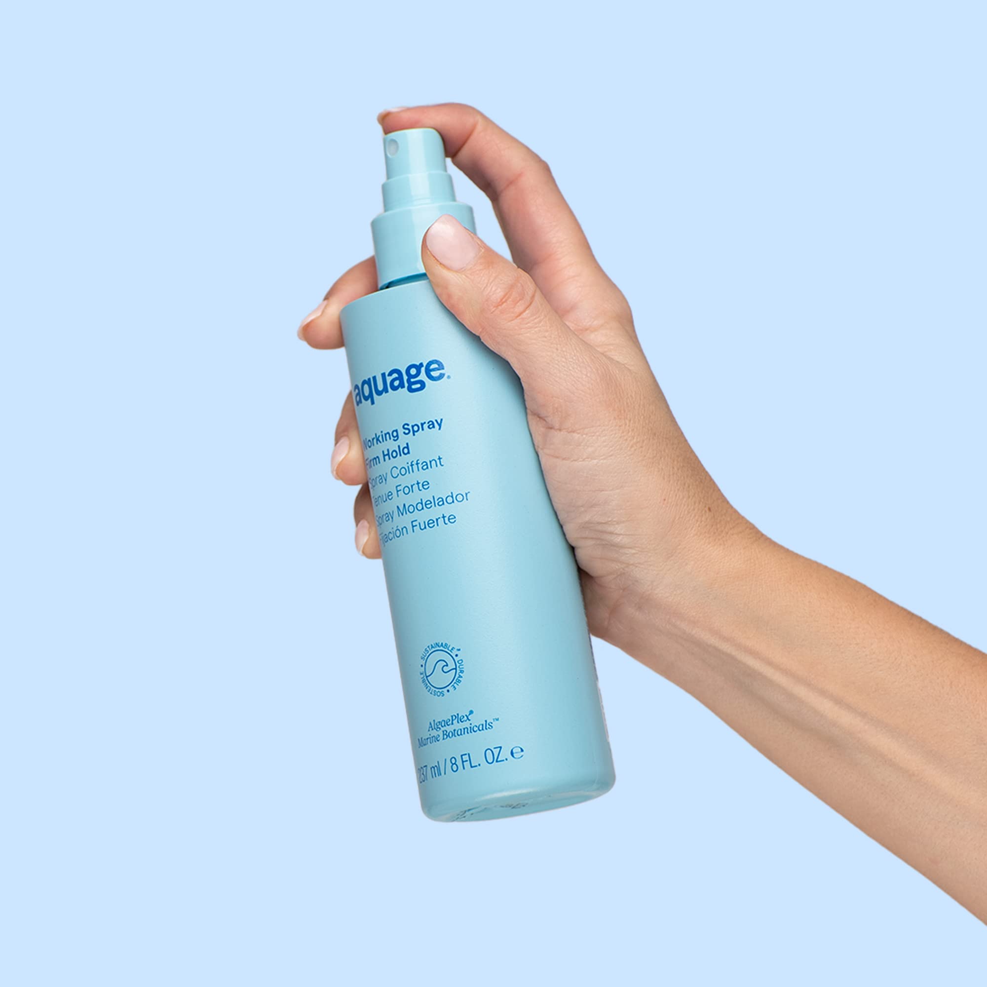 Aquage Working Spray 8oz packaging is ideal for daily use and travel.
