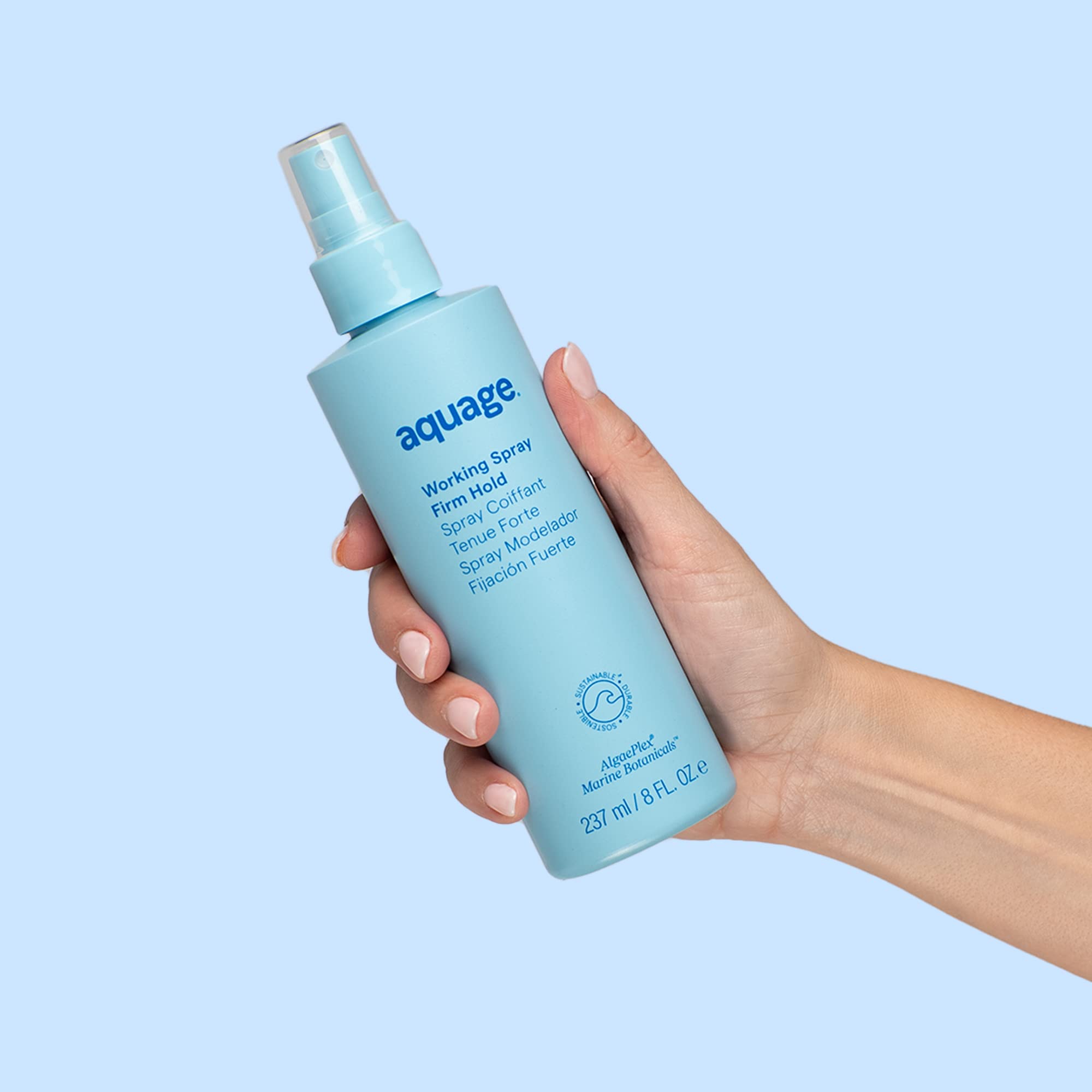 Aquage Working Spray non-aerosol formula emphasizes comfortable wear and easy reapplication.