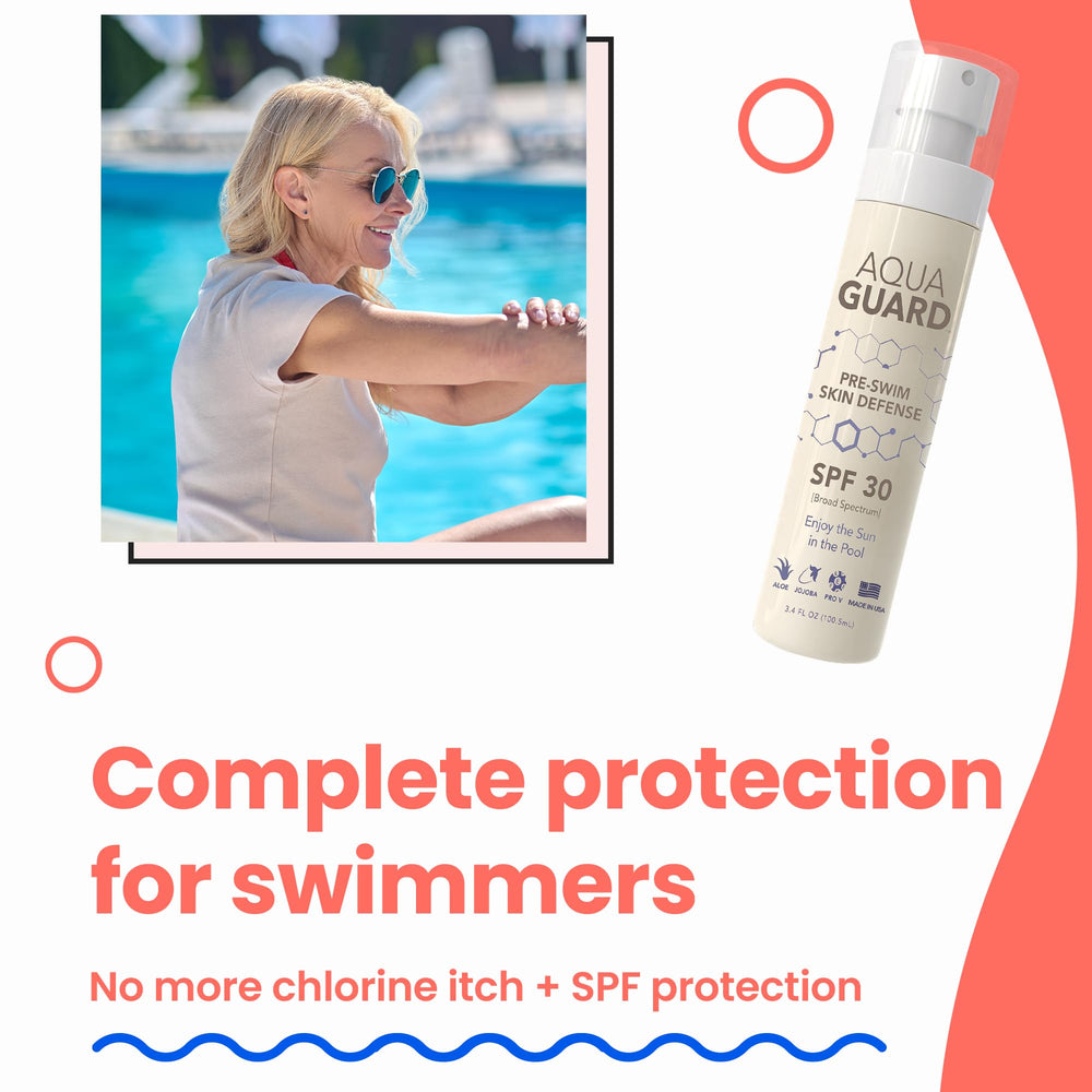 AQUA GUARD défense peau SPF30, protection contre soleil et chlore.