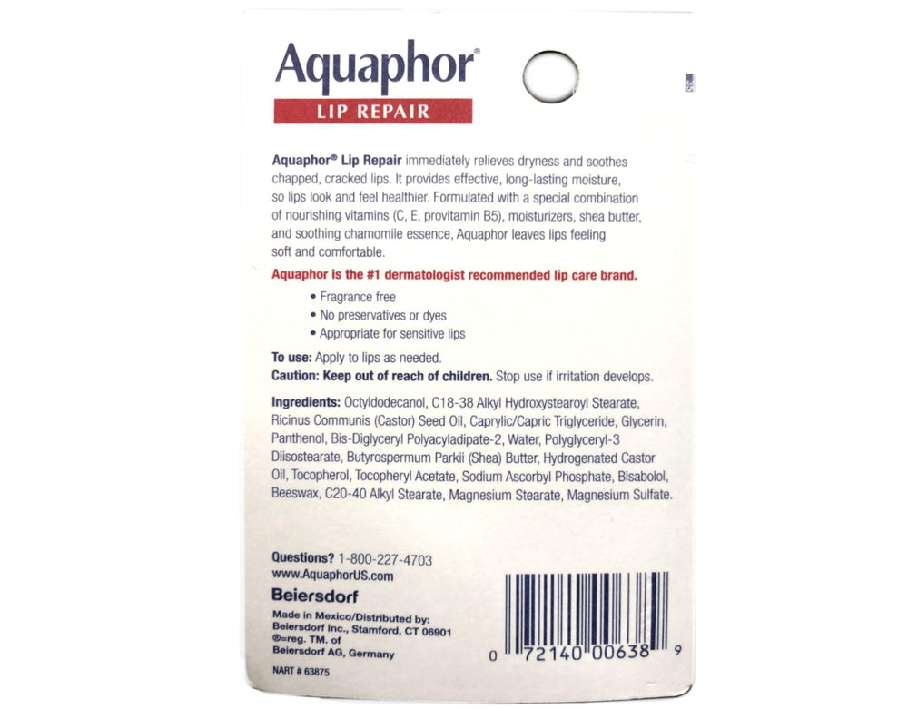 Aquaphor Lip Repair tube cap image emphasizing easy application and fragrance-free formula.