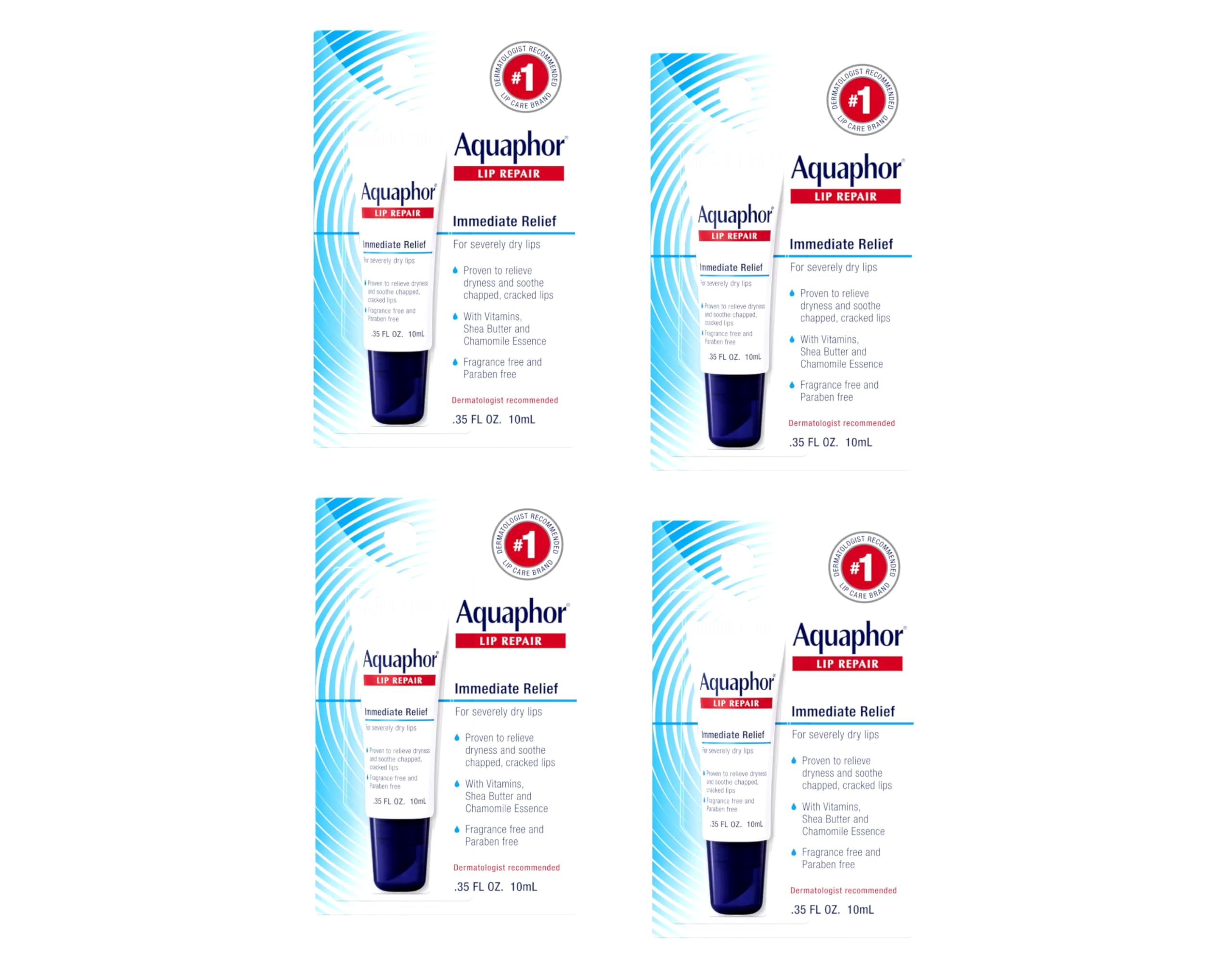 Aquaphor Lip Repair tube front view for quick moisture and soothing relief on dry lips.