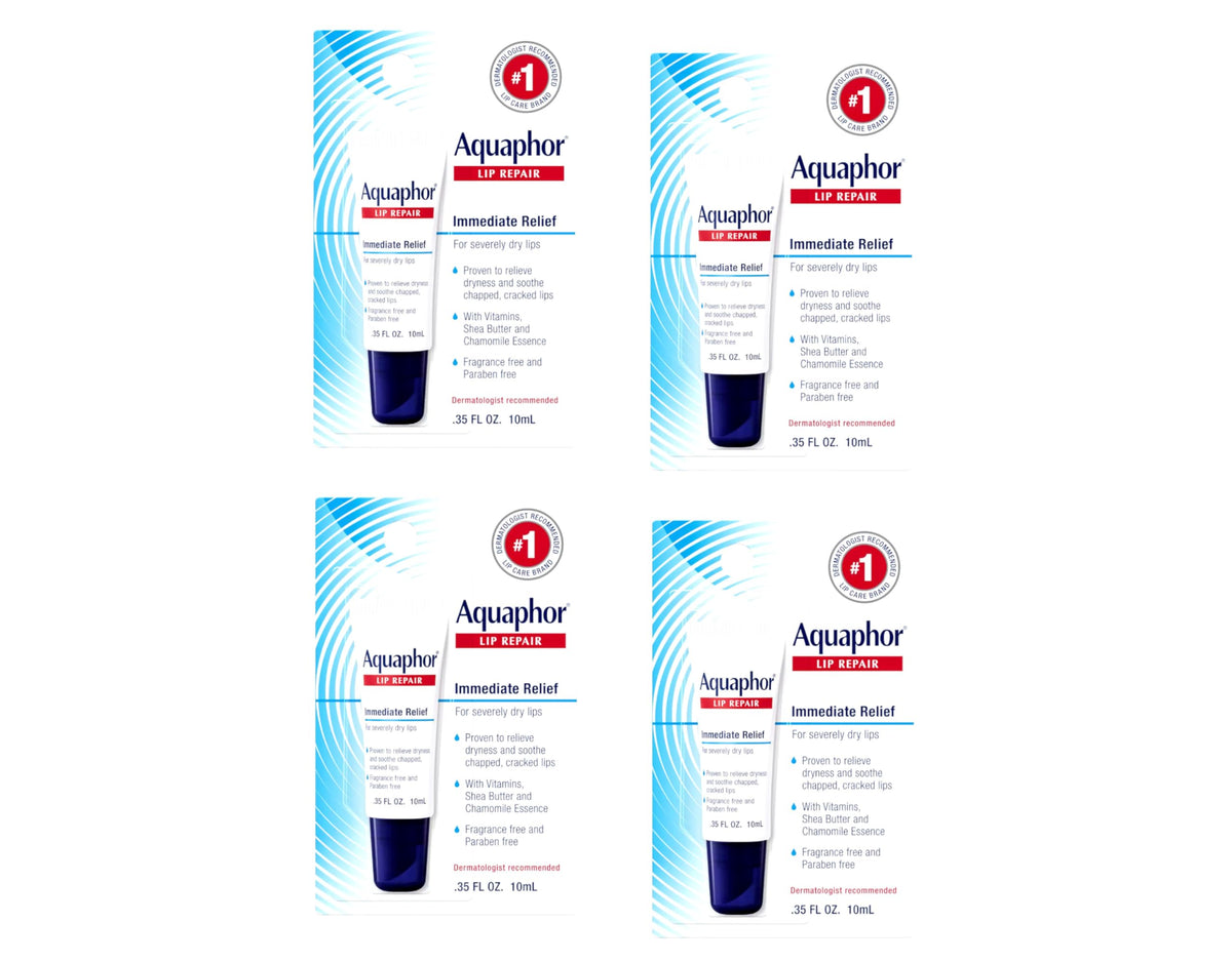 Aquaphor Lip Repair tube front view for quick moisture and soothing relief on dry lips.