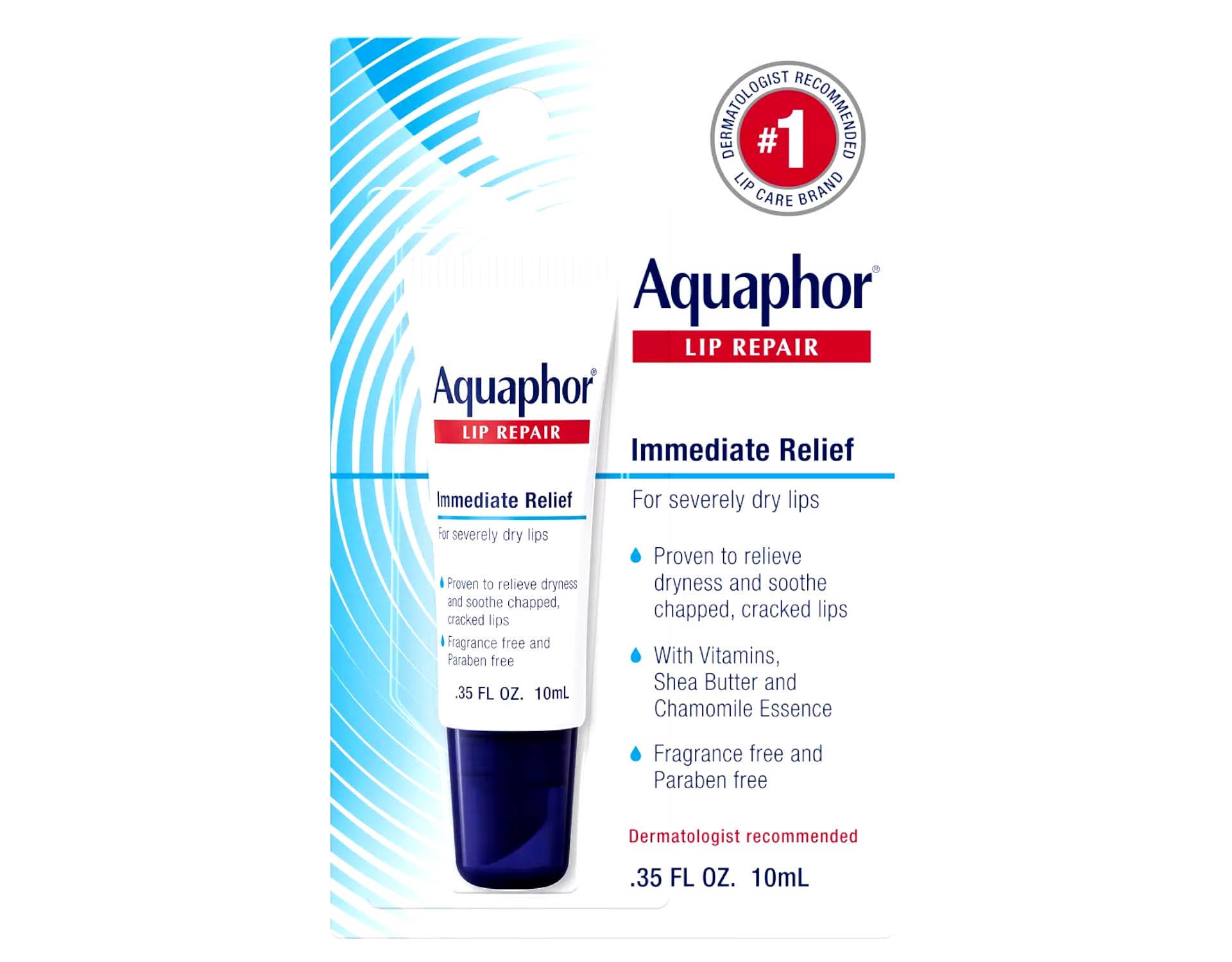 Aquaphor Lip Repair tube side view highlighting portable size for on-the-go lip care.