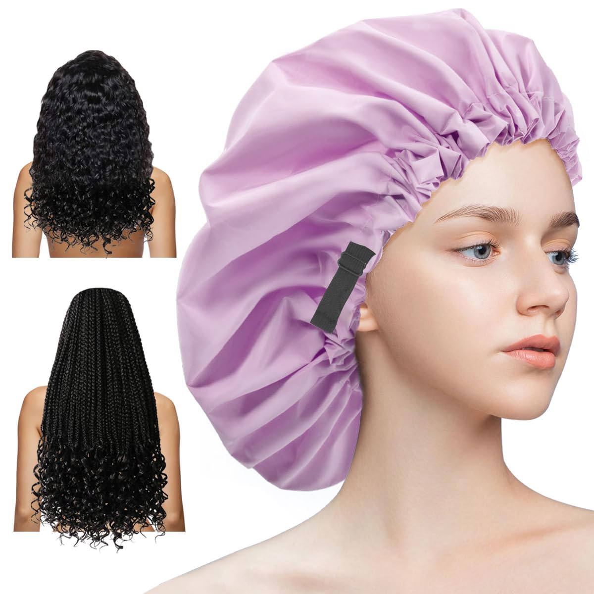 Aquior bonnet de douche ajustable assure un maintien confortable pendant la douche.