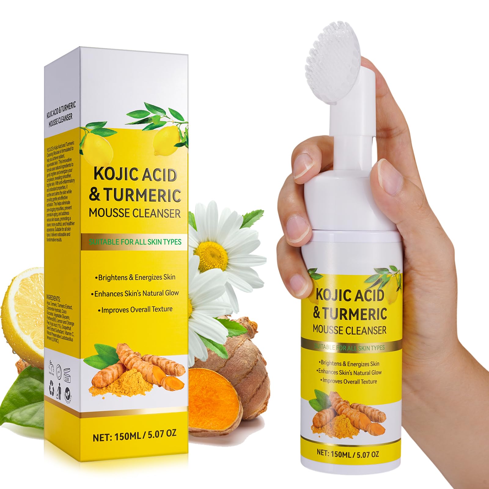 A r b c r n Mousse Nettoyante au Curcuma — emballage élégant et informations utiles.