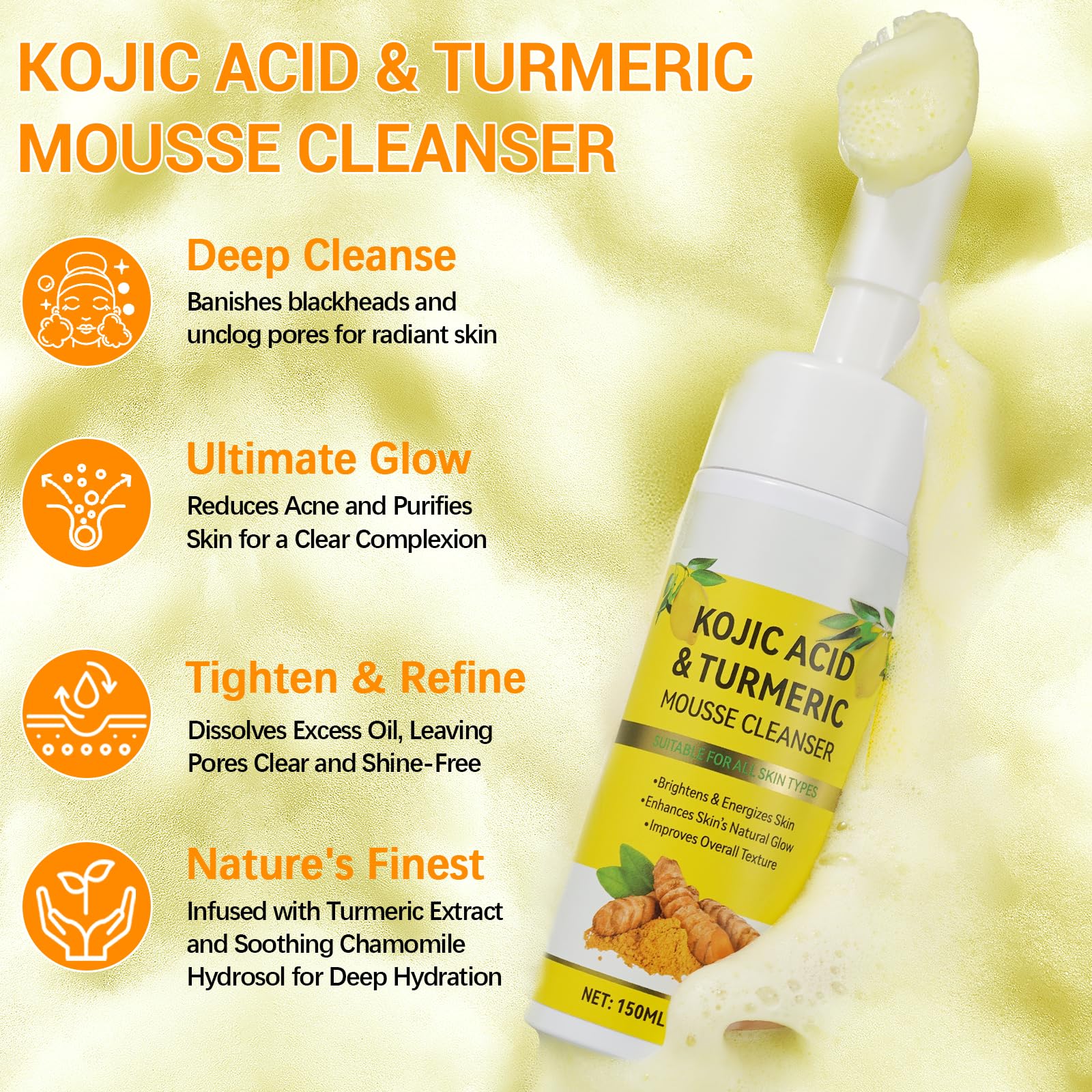 A r b c r n Mousse Nettoyante au Curcuma — texture mousse légère prête au nettoyage.
