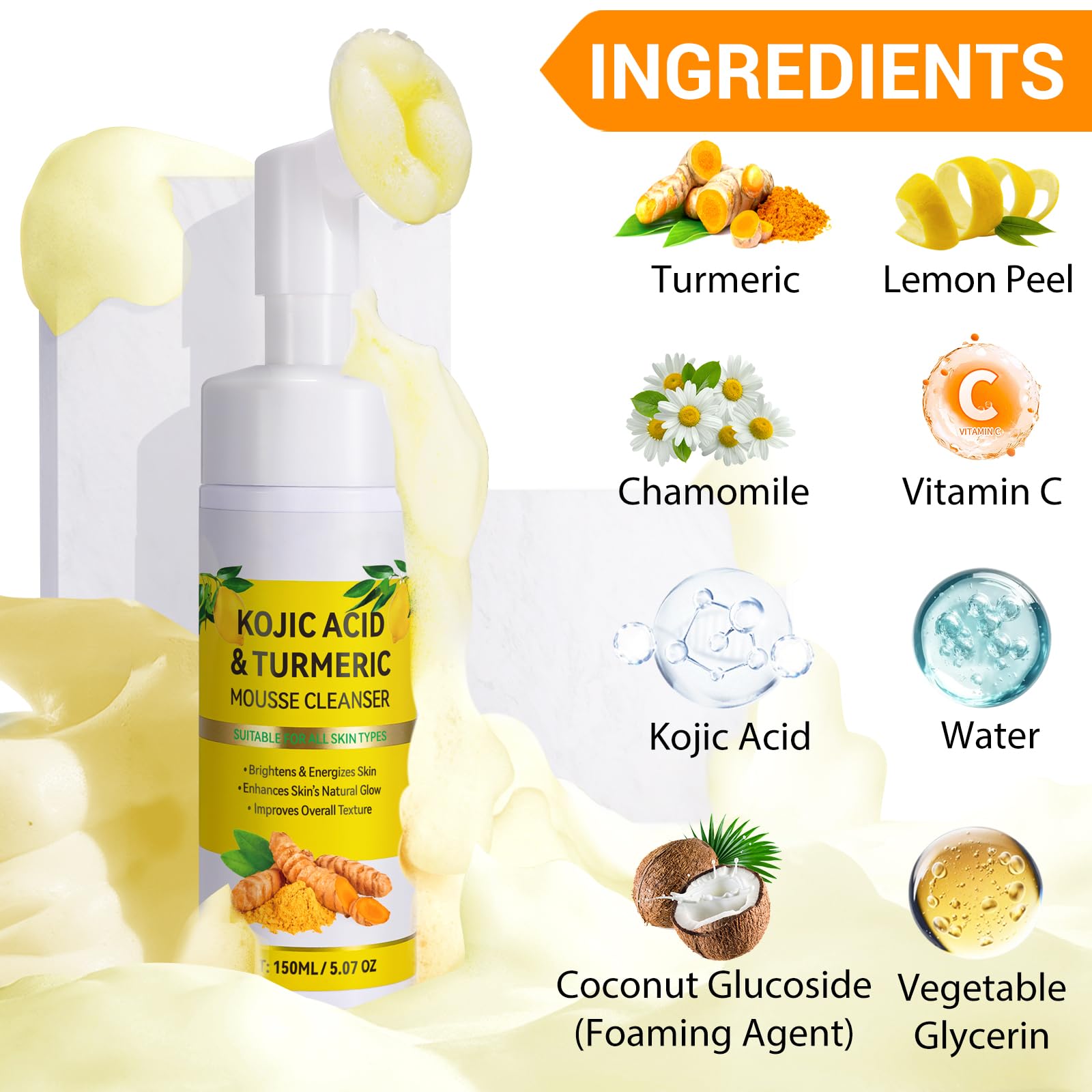 A r b c r n Mousse Nettoyante au Curcuma — adaptée à tous les types de peau.