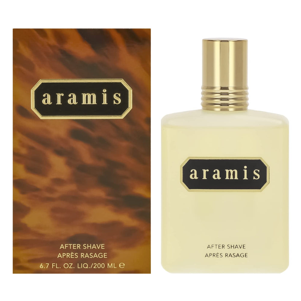 ARAMIS lotion après-rasage, notes boisées et cuir, rafraîchit et tonifie la peau.