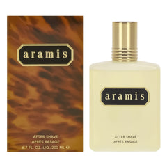 ARAMIS lotion après-rasage, notes boisées et cuir, rafraîchit et tonifie la peau.