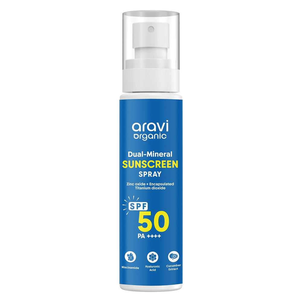 Aravi Organic bouteille spray SPF50, application facile sur le visage et le corps.