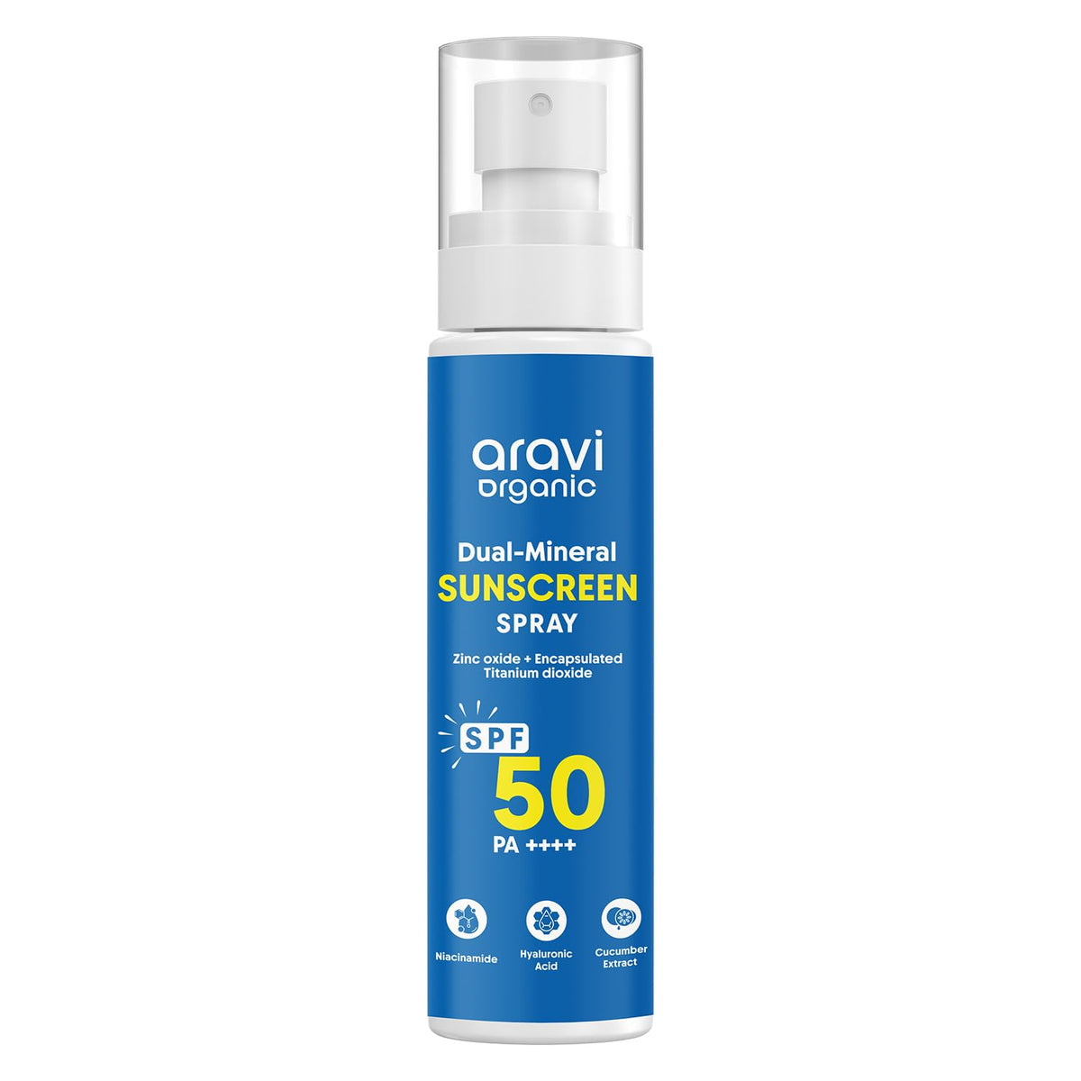 Aravi Organic bouteille spray SPF50, application facile sur le visage et le corps.