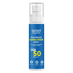 Aravi Organic bouteille spray SPF50, application facile sur le visage et le corps.