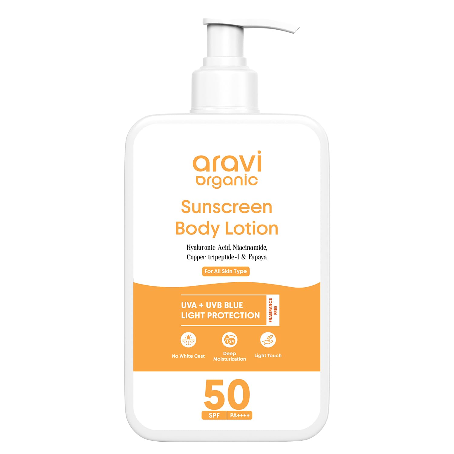 Aravi Organic Crème solaire sans huile pour le corps, texture légère et invisible.