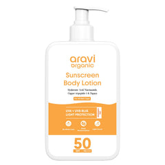 Aravi Organic Crème solaire sans huile pour le corps, texture légère et invisible.