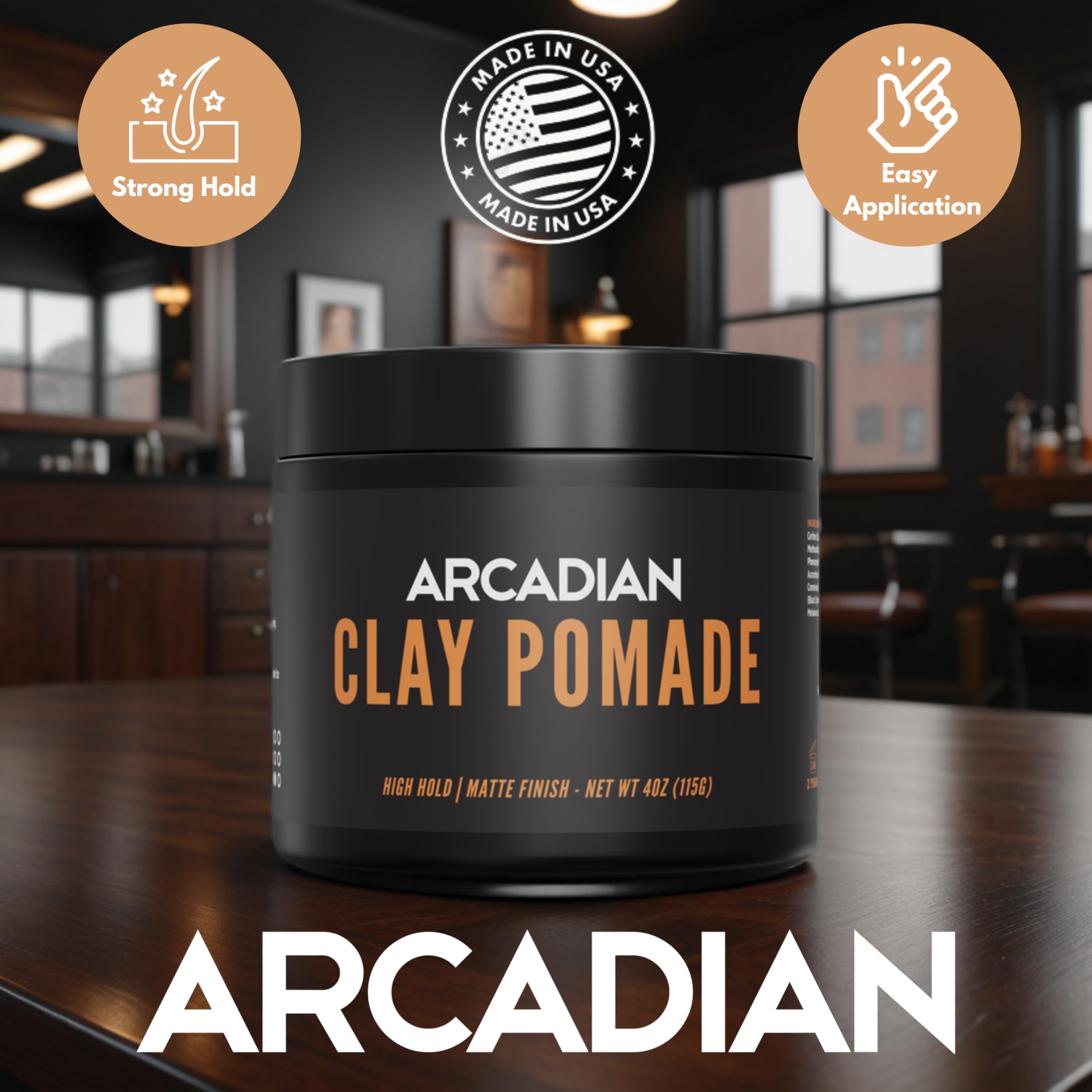 Arcadian Clay Pomade pour coiffure moderne et texture légère.