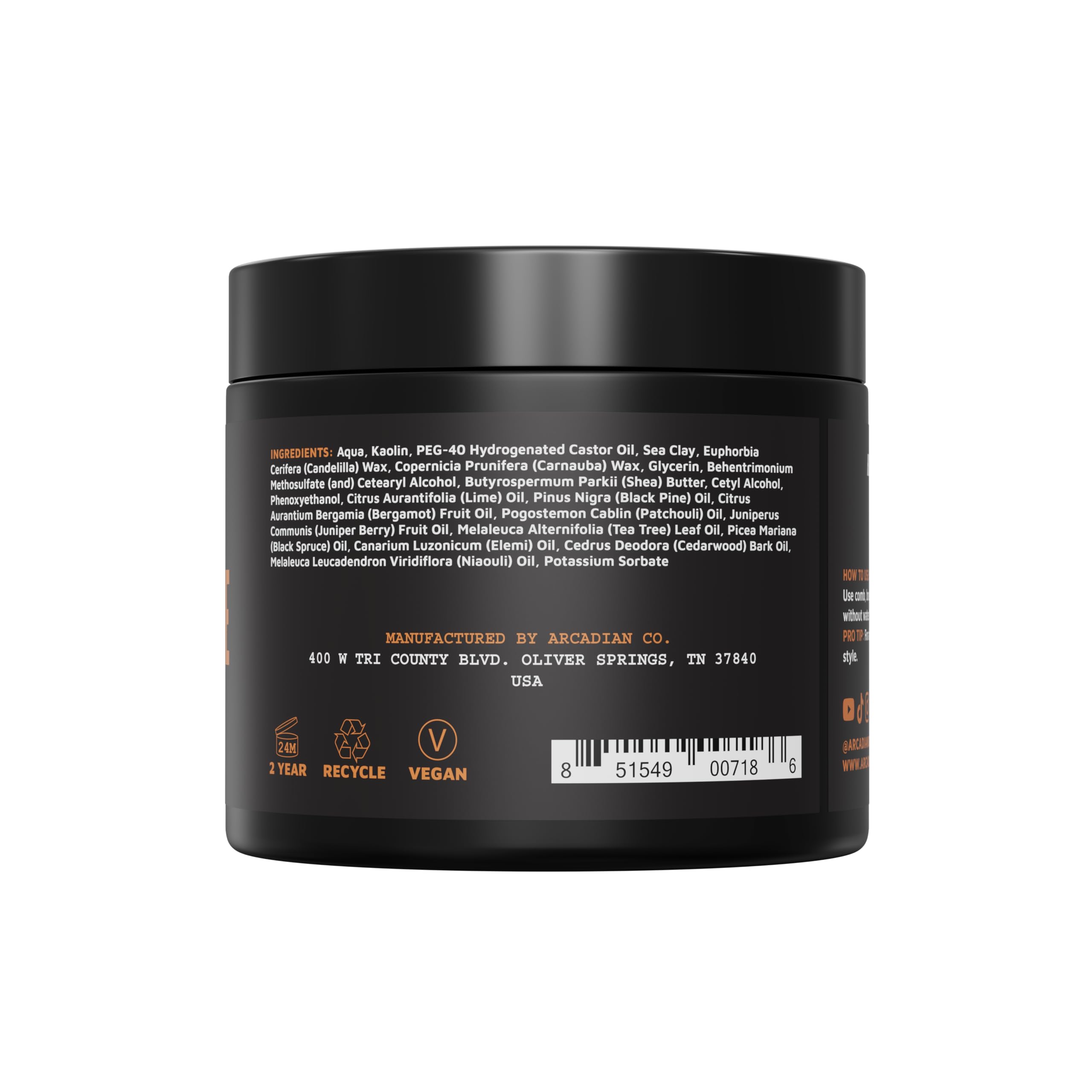 Pot de 4oz Arcadian Grooming Clay Pomade, pratique à transporter.