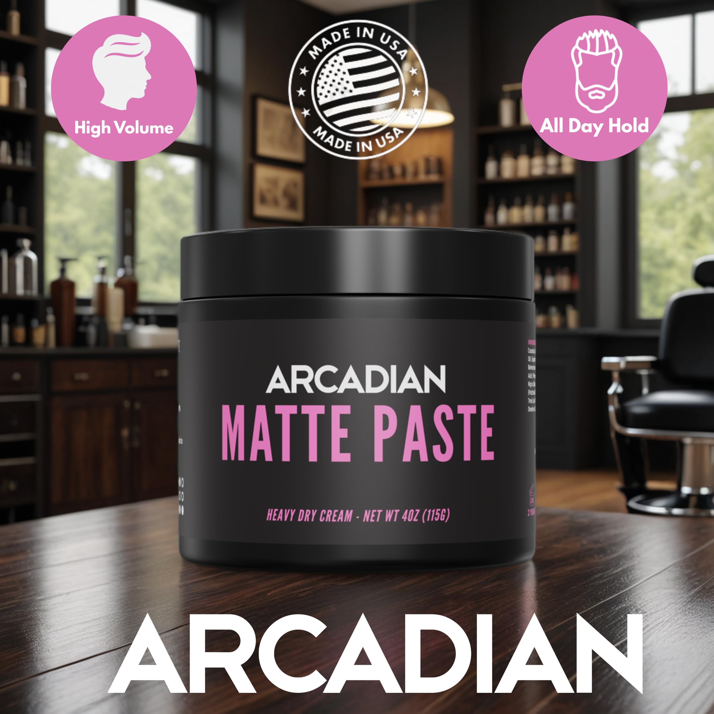 Arcadian Pâte Argile Matte – application facile et réutilisable sans résidu gras.