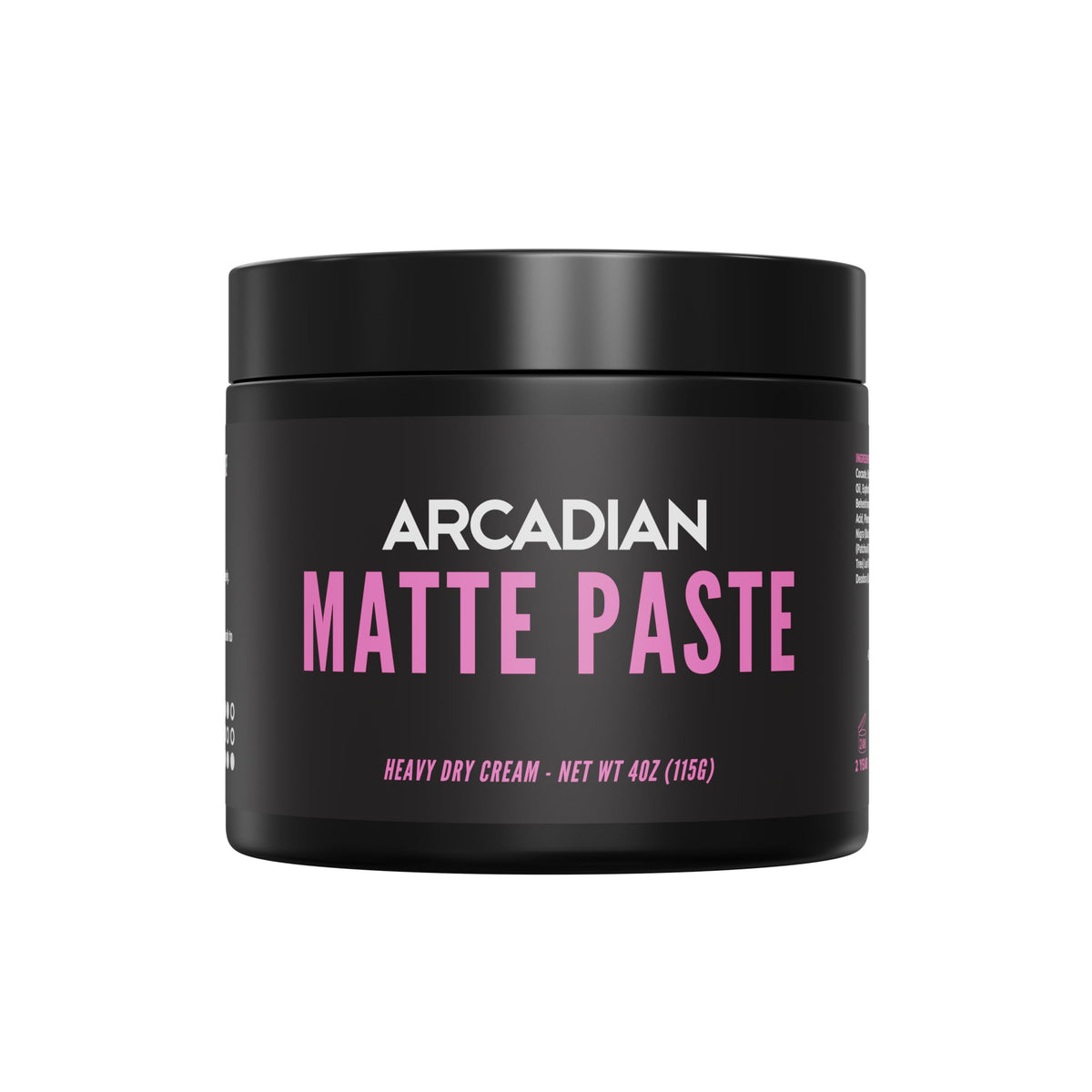Arcadian Pâte Argile Matte – bouteille en gros plan pour une coiffure matte et durable.