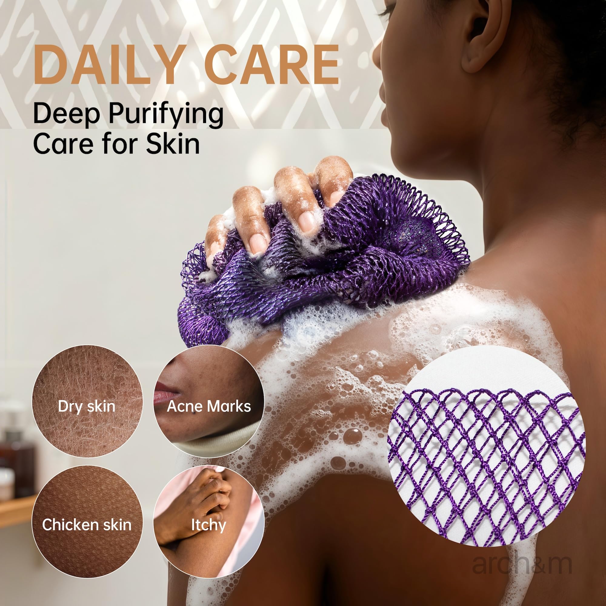 ARCH&M éponge exfoliante réseau africain bleu ciel – ruban durable pour suspension et rangement.