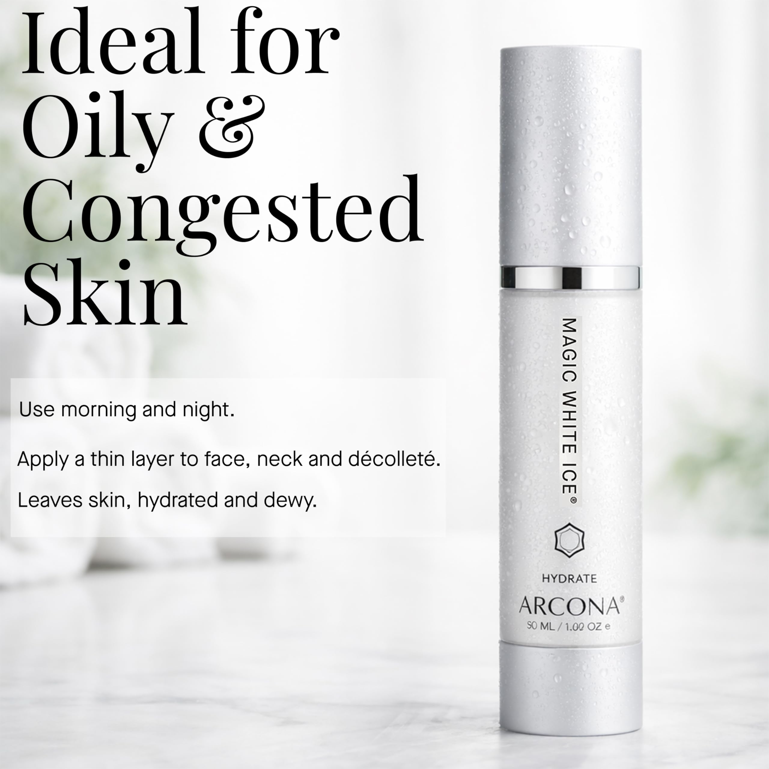 ARCONA Magic White Ice – Emballage soigné reflétant une approche sans huile et efficace.