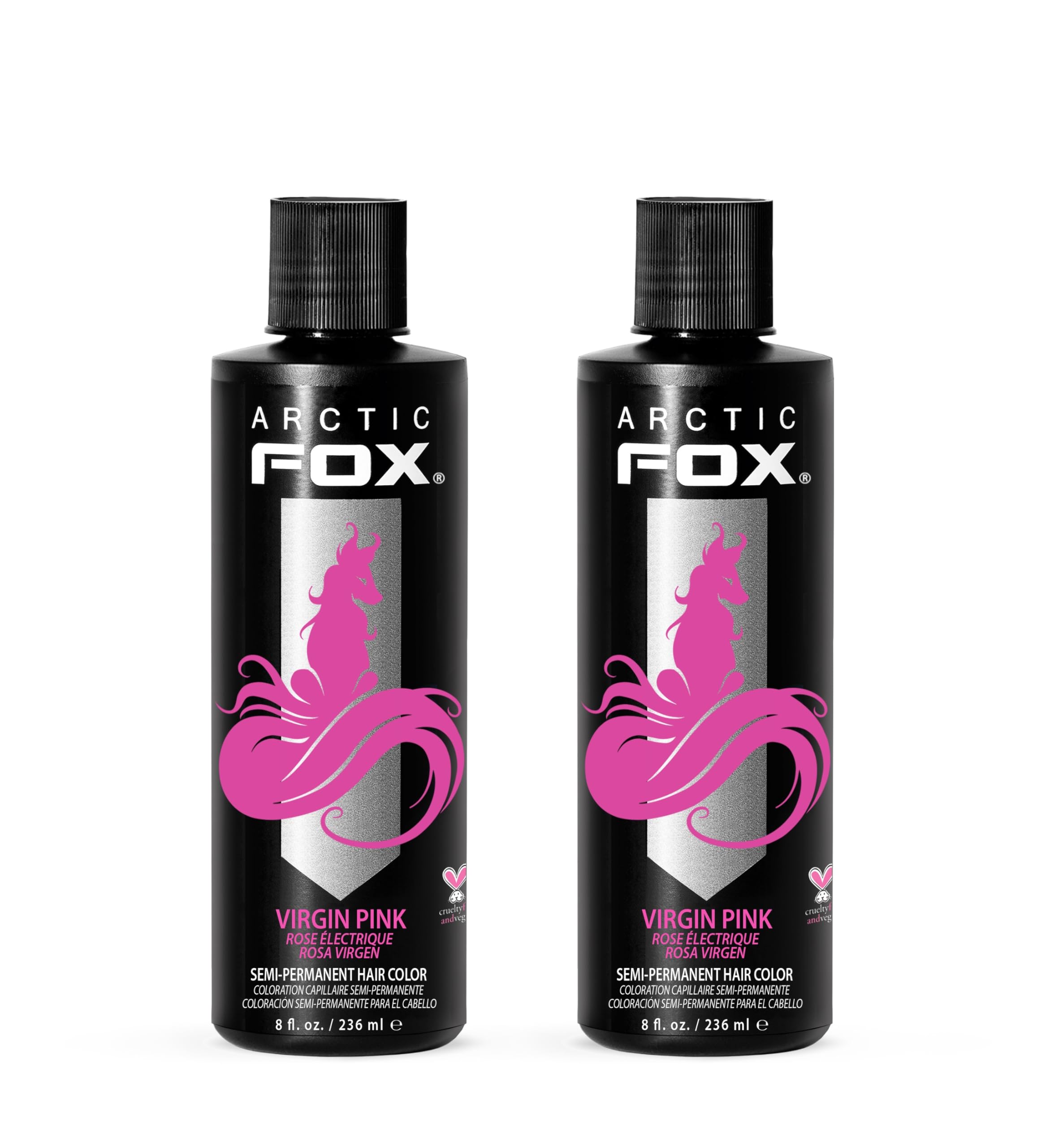 ARCTIC FOX Virgin Pink bouteille montrant la couleur rose vive, sans ammoniaque, pour une teinte durable.
