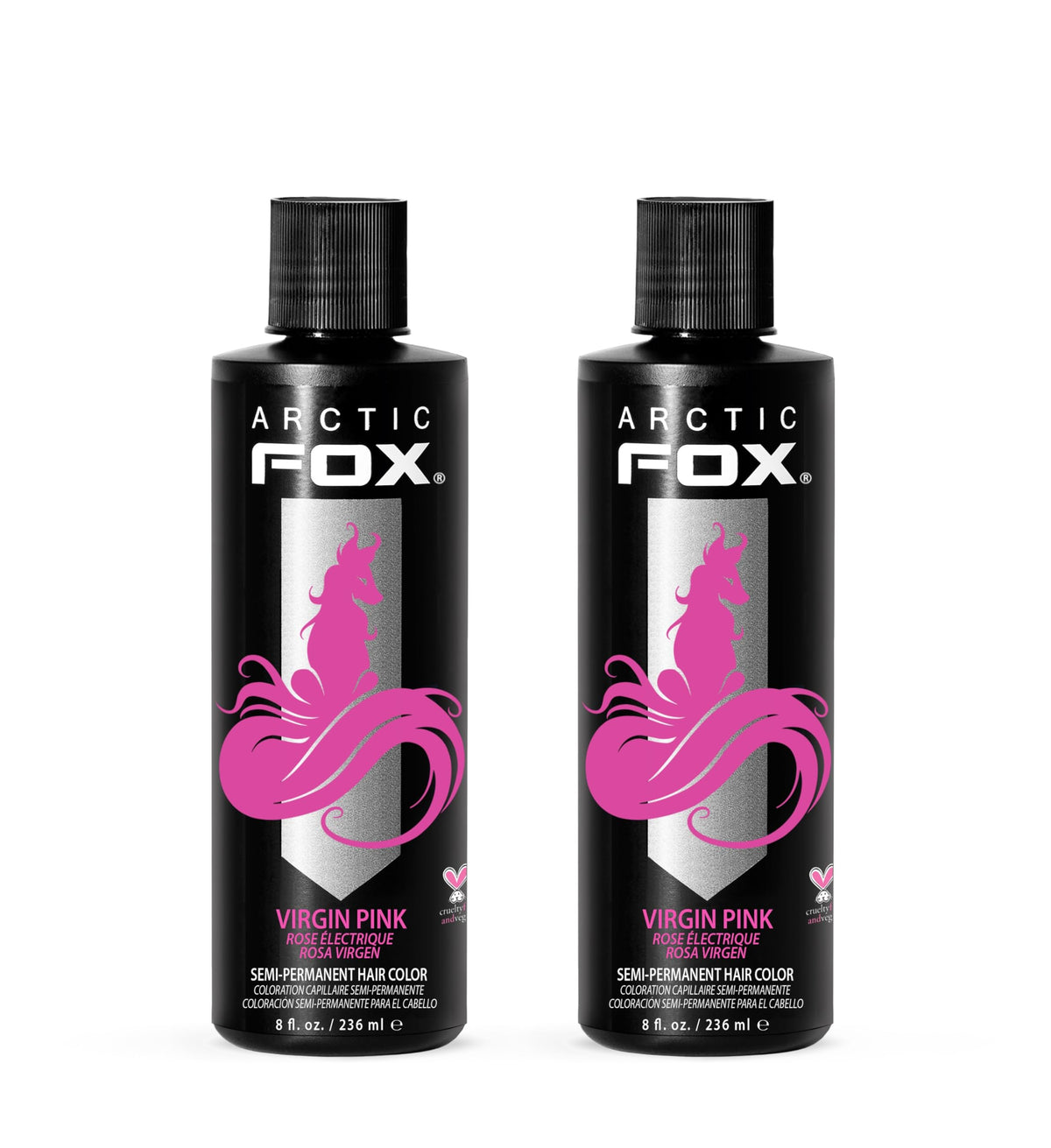 ARCTIC FOX Virgin Pink bouteille montrant la couleur rose vive, sans ammoniaque, pour une teinte durable.