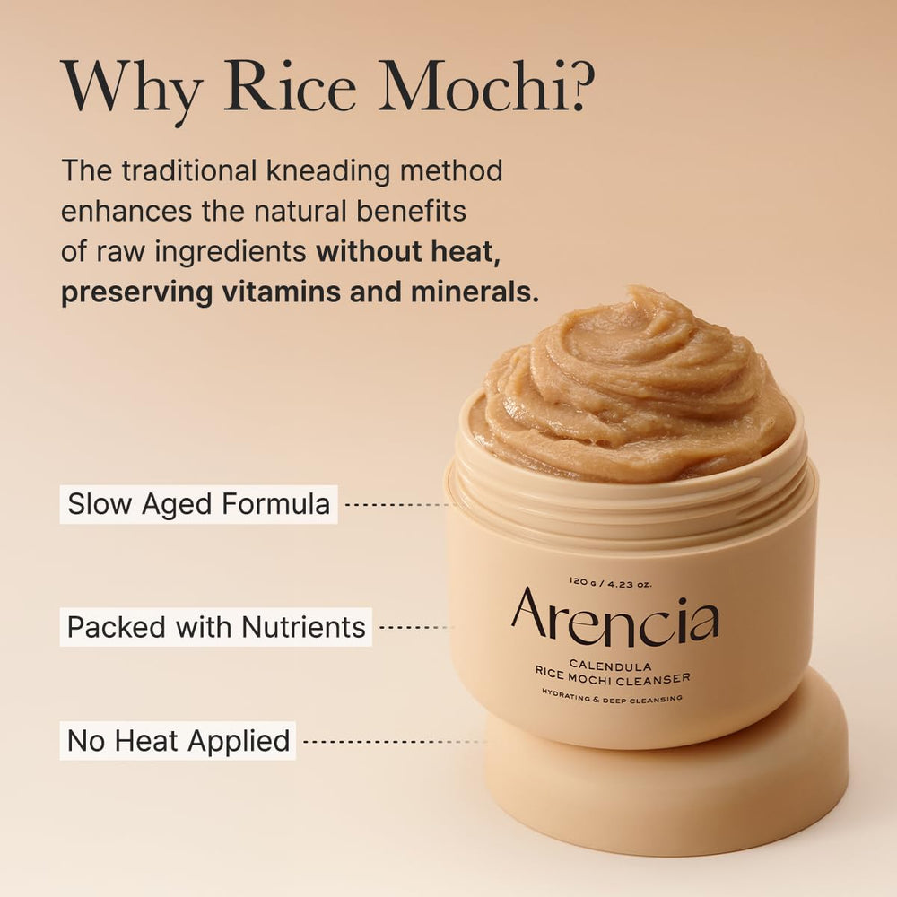 Arencia Calendula Riz Mochi – nettoie sans agresser et aide à préparer la peau au soin.