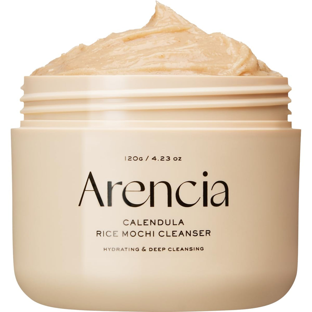 Arencia Calendula Riz Mochi Nettoyant visage en flacon pompe, douceur et hydratation.