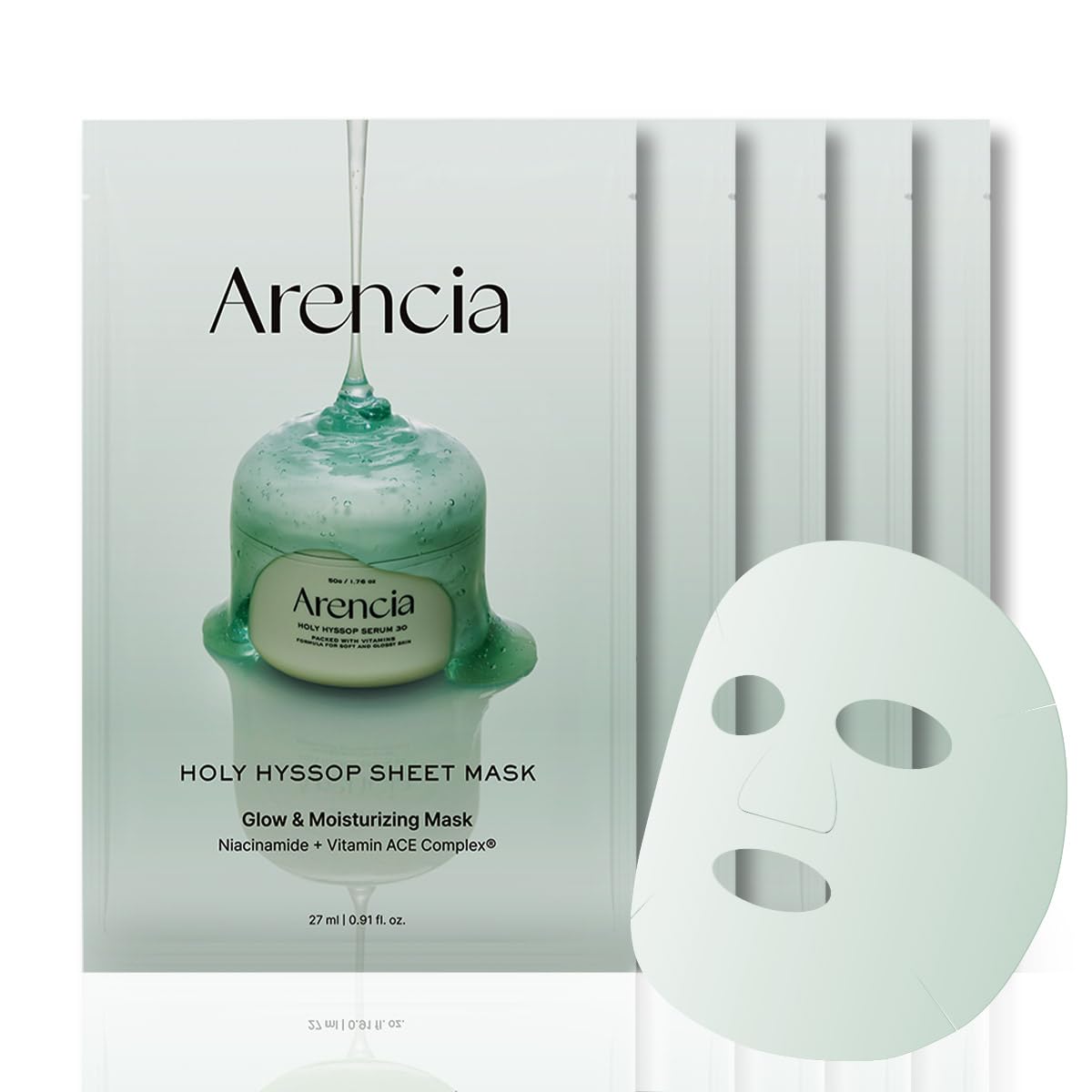 ARENCIA Hyssop Glow masque-feuille emballage prêt à utiliser pour votre routine.
