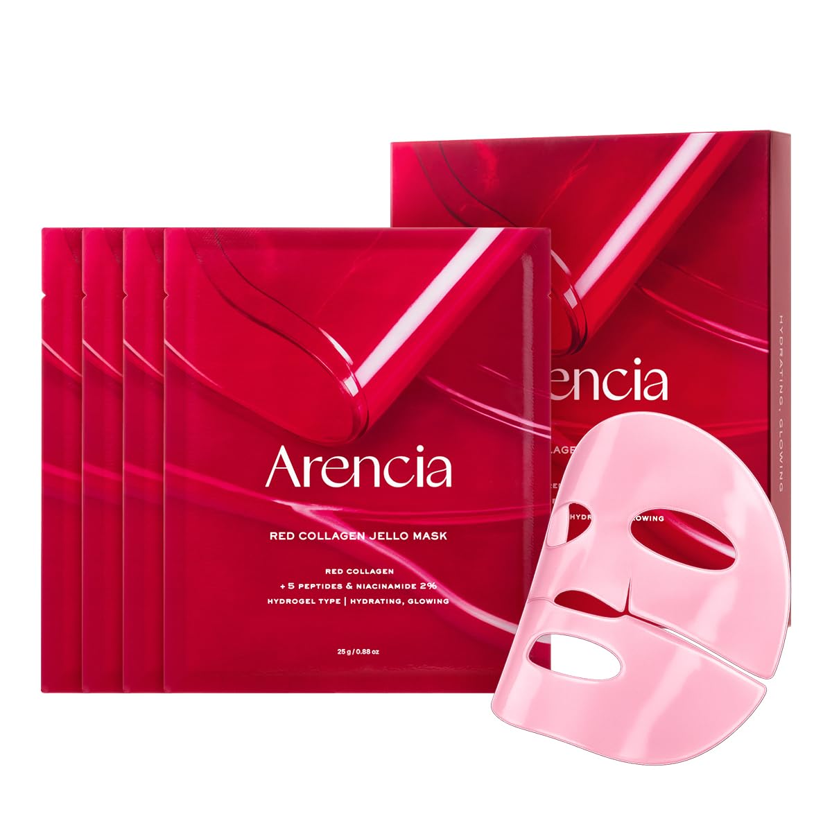 ARENCIA Red Collagen Jello Mask packaging élégant et hydratation en profondeur.